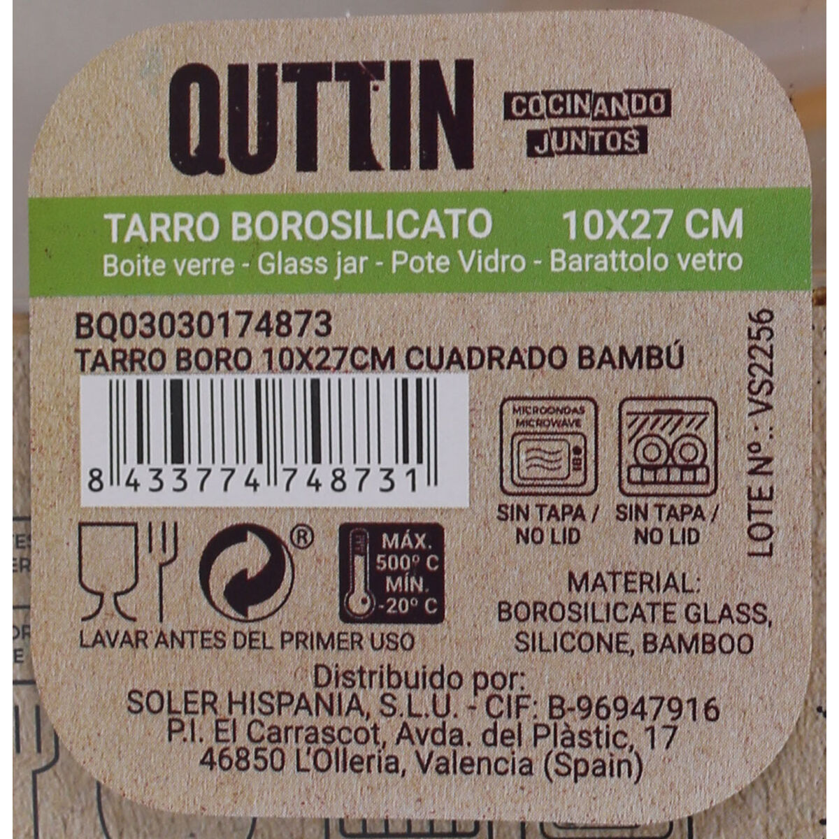 Jar Quttin Bamboo Squared 2,15 L 10,2 x 28 cm (12 Units)