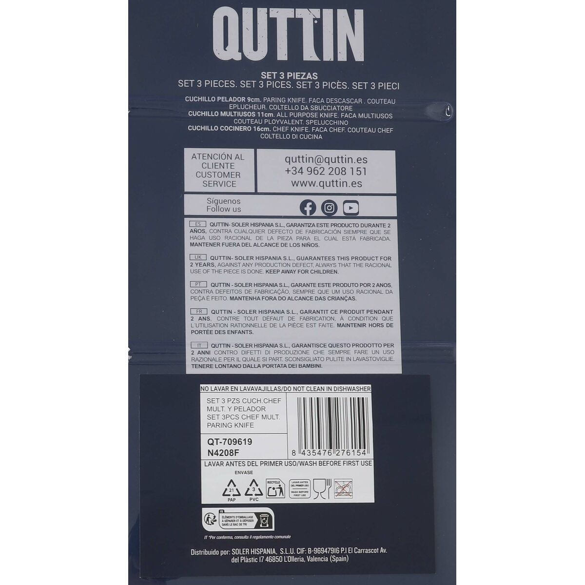 Knife Set Quttin Nero Black Silver 3 Pieces (12 Units)