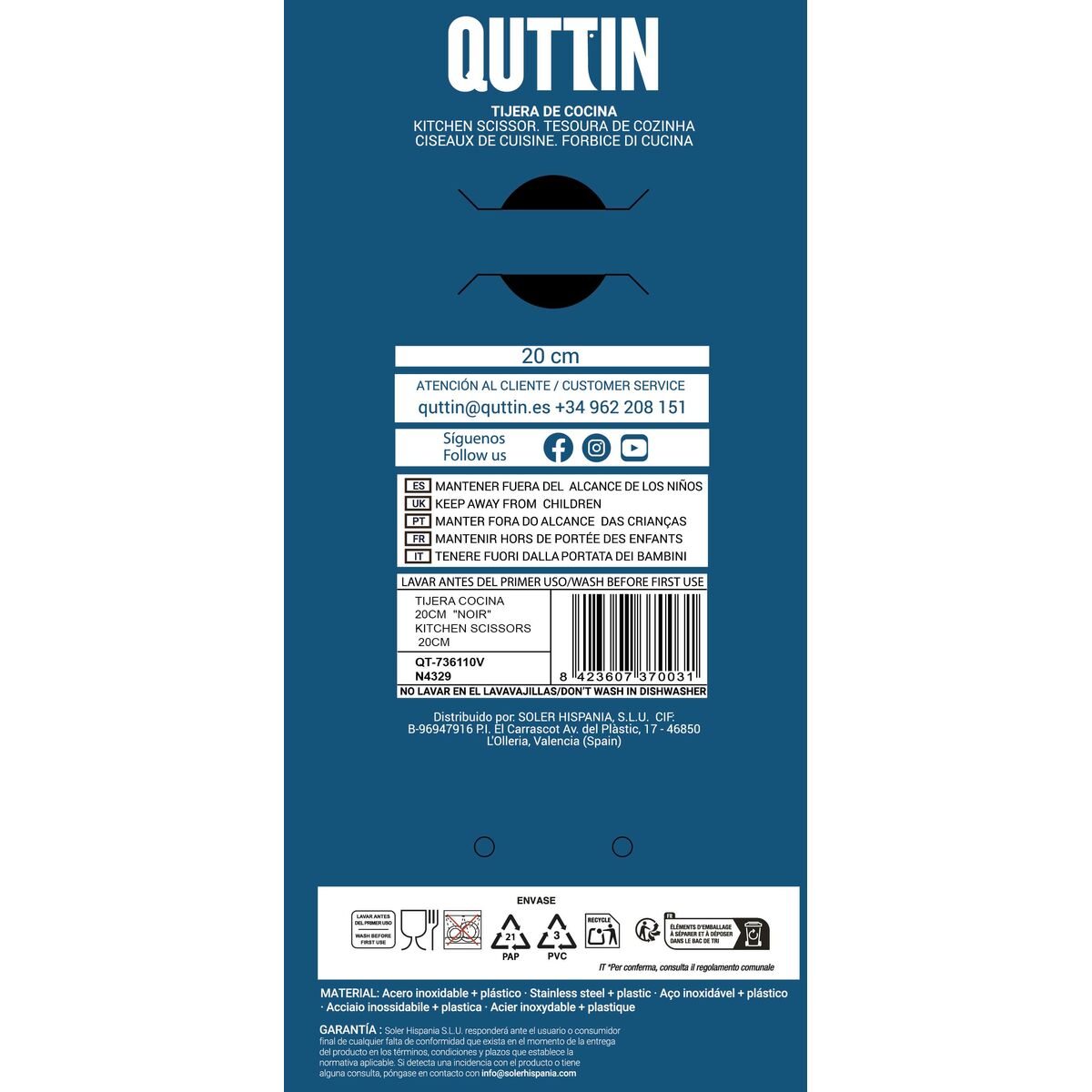 Kitchen Scissors Quttin Noir 20 cm 21 x 8 x 1 cm (24 Units)