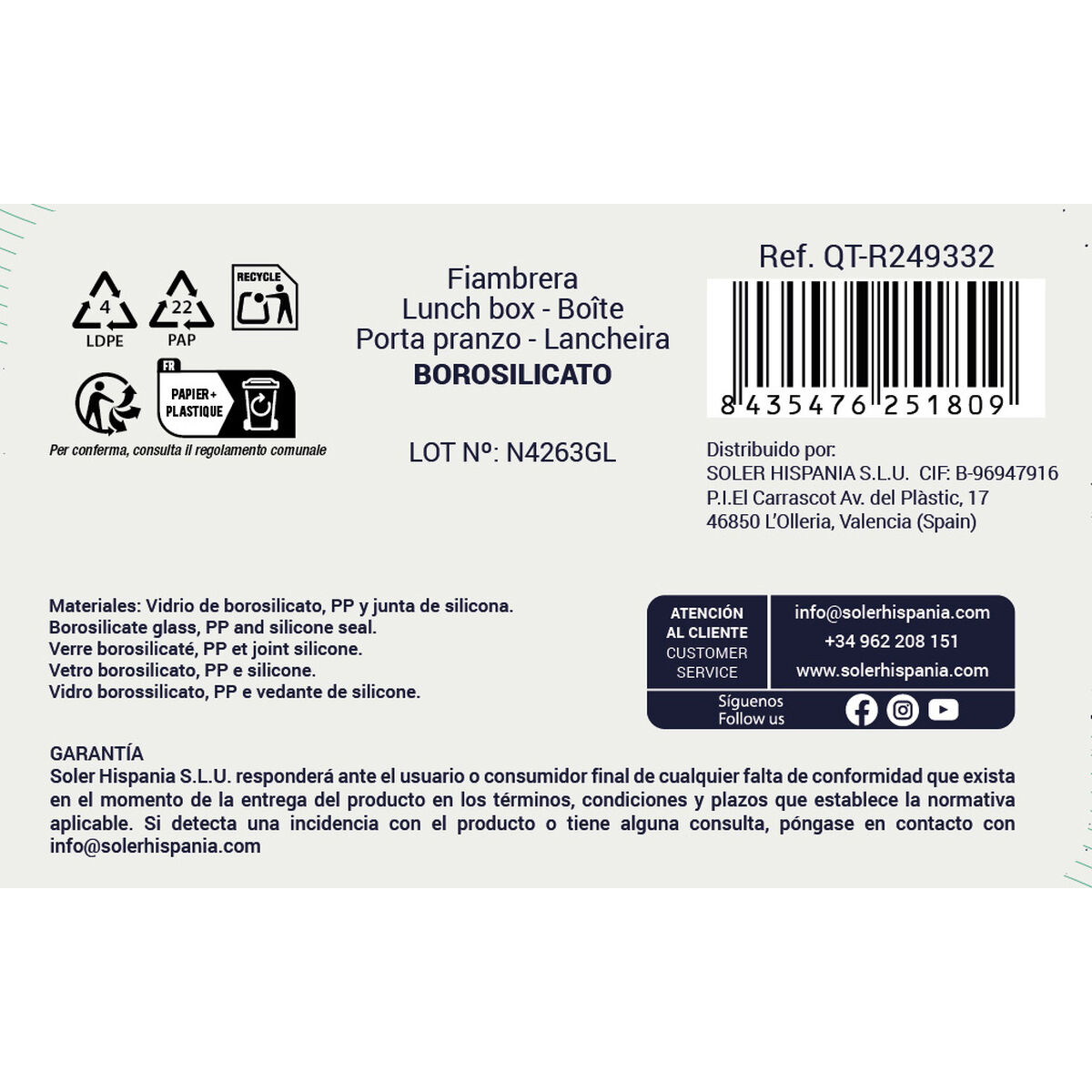 Hermetic Lunch Box Quttin Rectangular 2,4 L (4 Units)