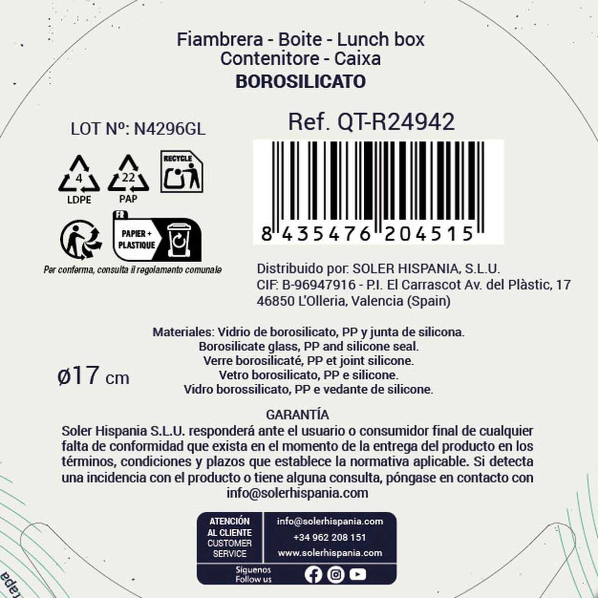 Hermetic Lunch Box Quttin Circular 900 ml (6 Units)