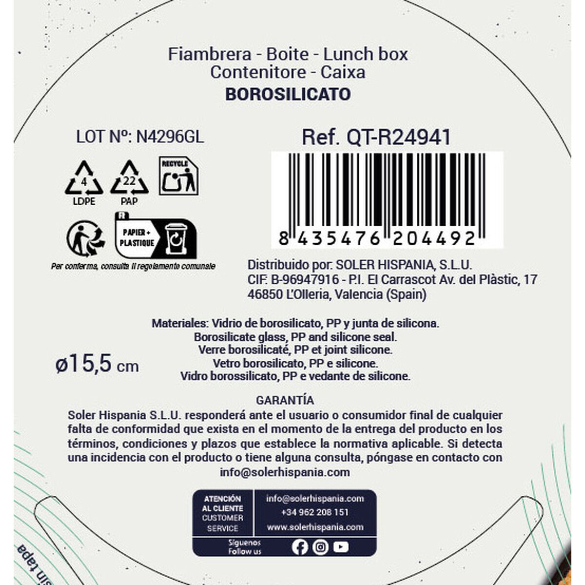 Hermetic Lunch Box Quttin Circular 650 ml ø 15,5 x 7,1 cm (6 Units)