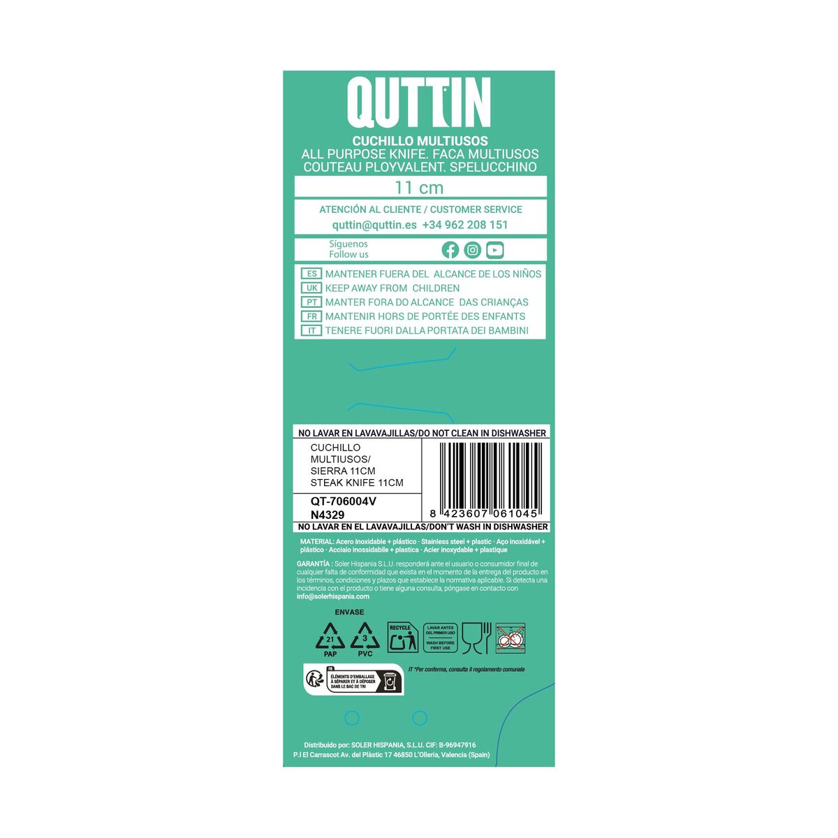 Serrated Knife Quttin Black 11 cm (36 Units)