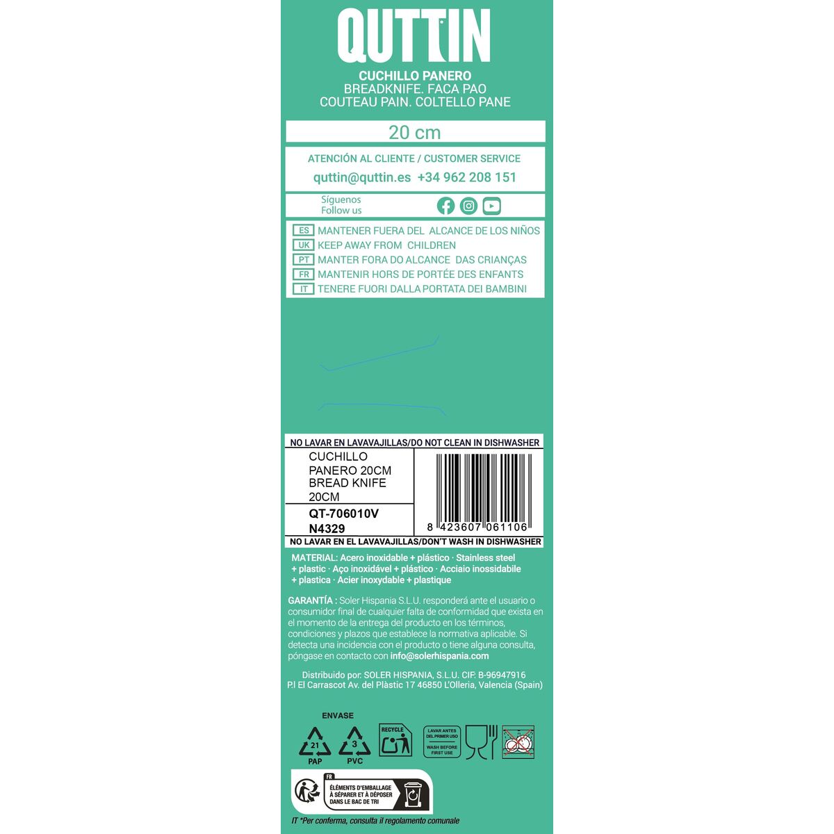 Bread Knife Quttin Black Black Silver 24 Units 20 cm