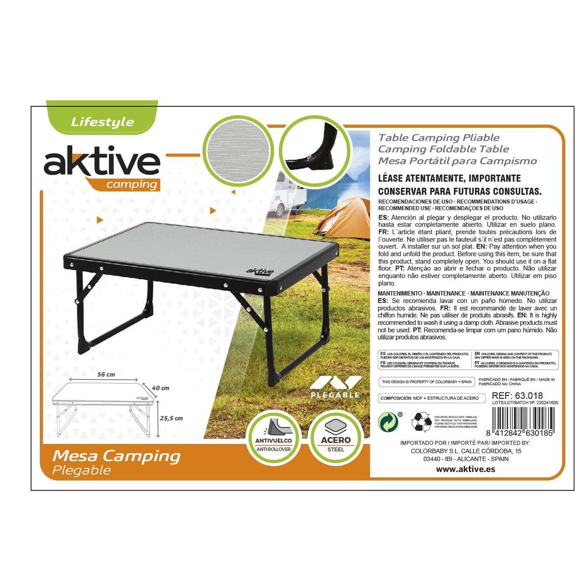 Folding Table Aktive Camping Grey 56 x 25 x 40 cm (2 Units)