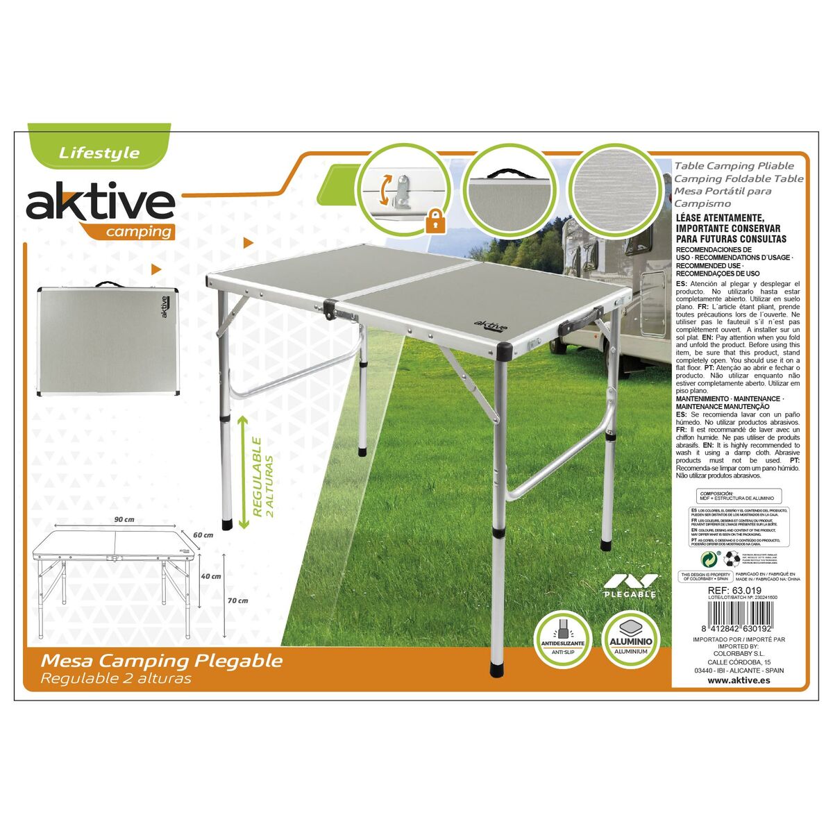 Folding Table Aktive Camping Grey 90 x 70 x 60 cm (2 Units)