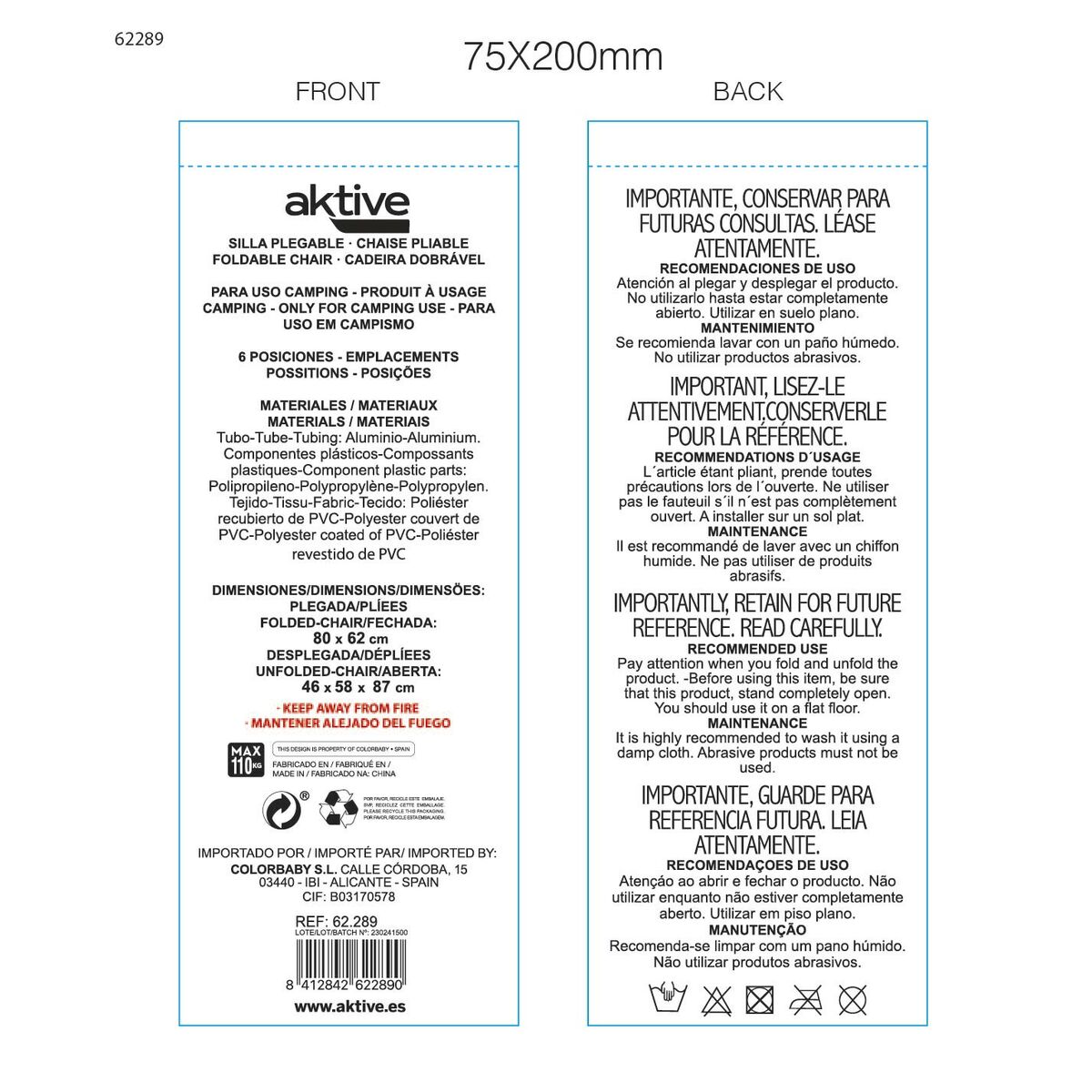 Beach Chair Aktive Slim Foldable Navy Blue 47 x 87 x 58 cm (2 Units)