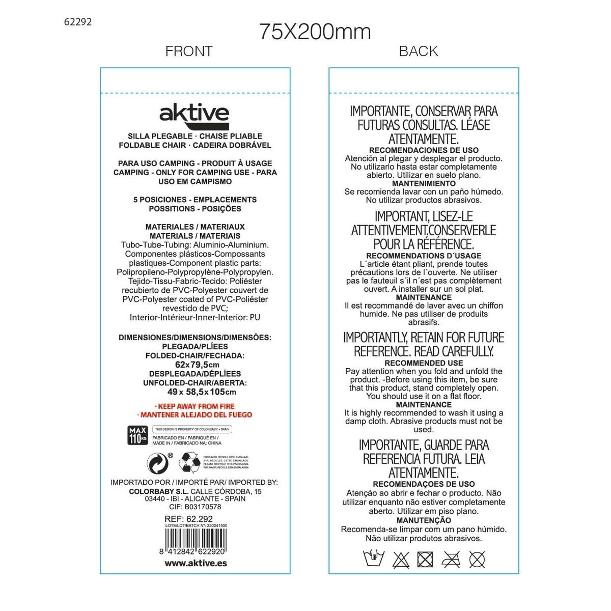 Beach Chair Aktive Deluxe Foldable Black 49 x 105 x 59 cm (2 Units)