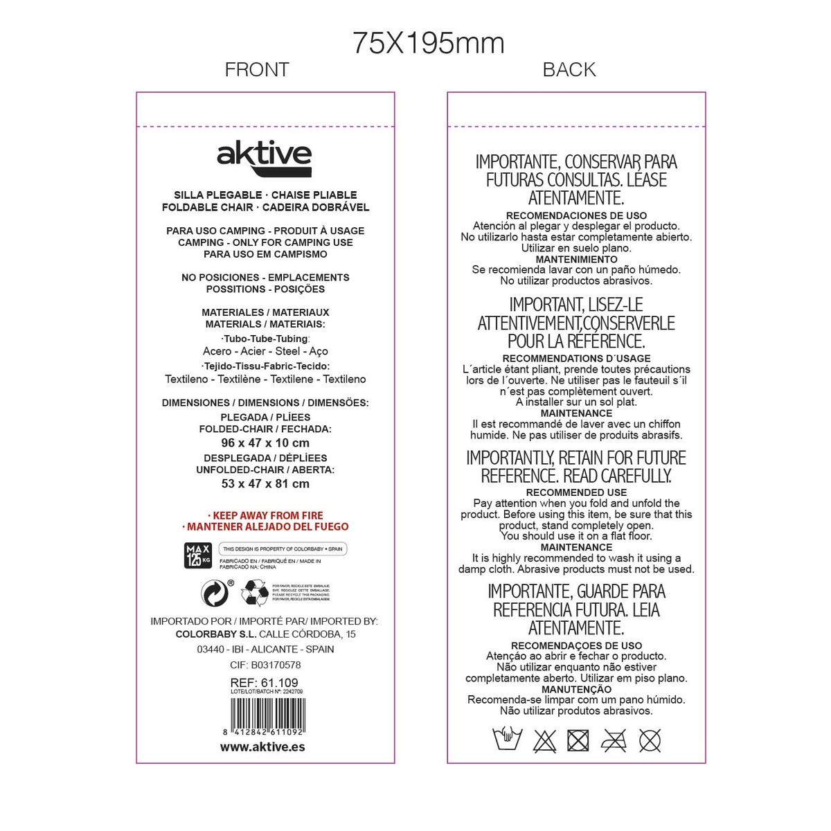 Folding Chair Aktive White 46 x 81 x 55 cm (4 Units)