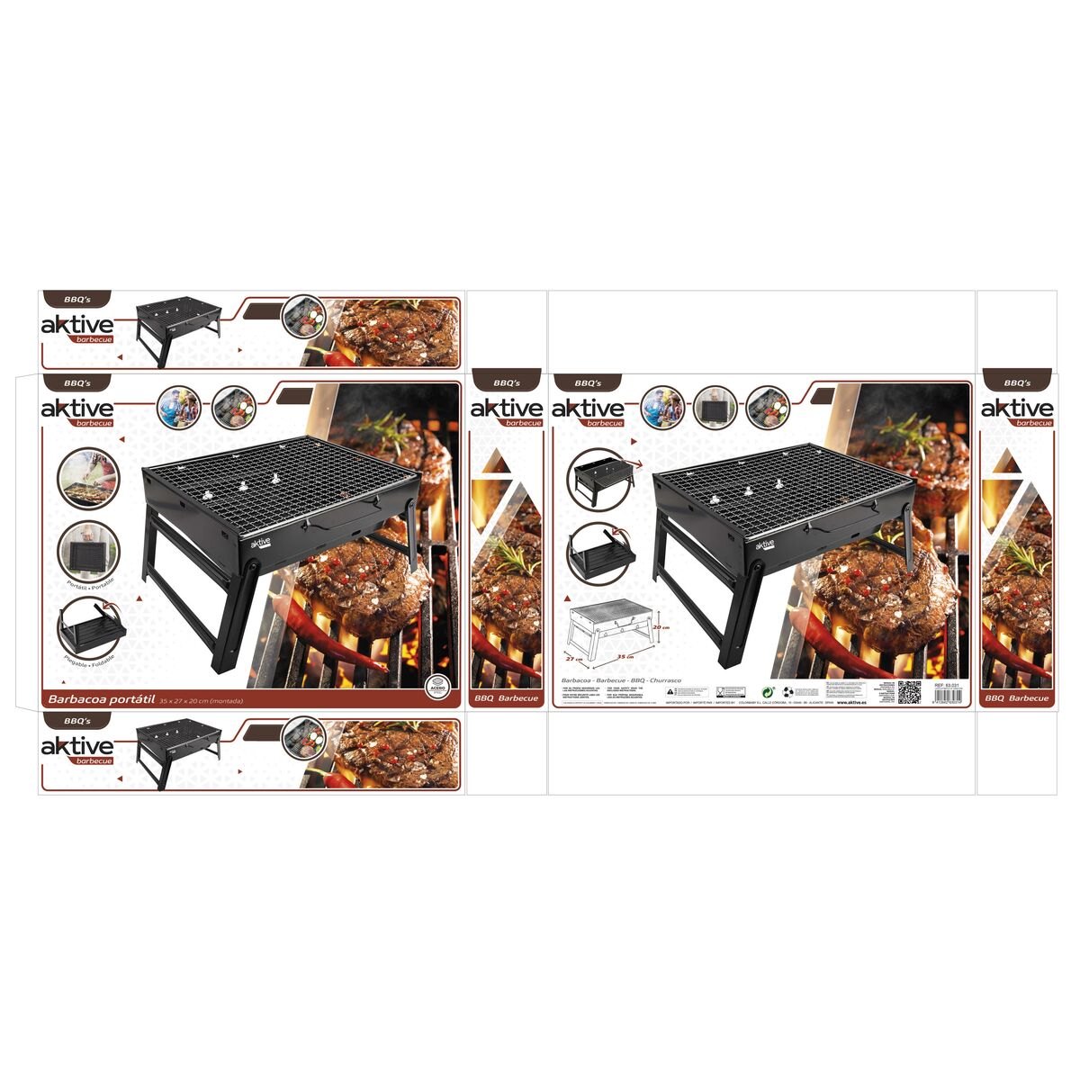 Barbecue Portable Aktive Rectangular Black Steel 40 x 20 x 28 cm