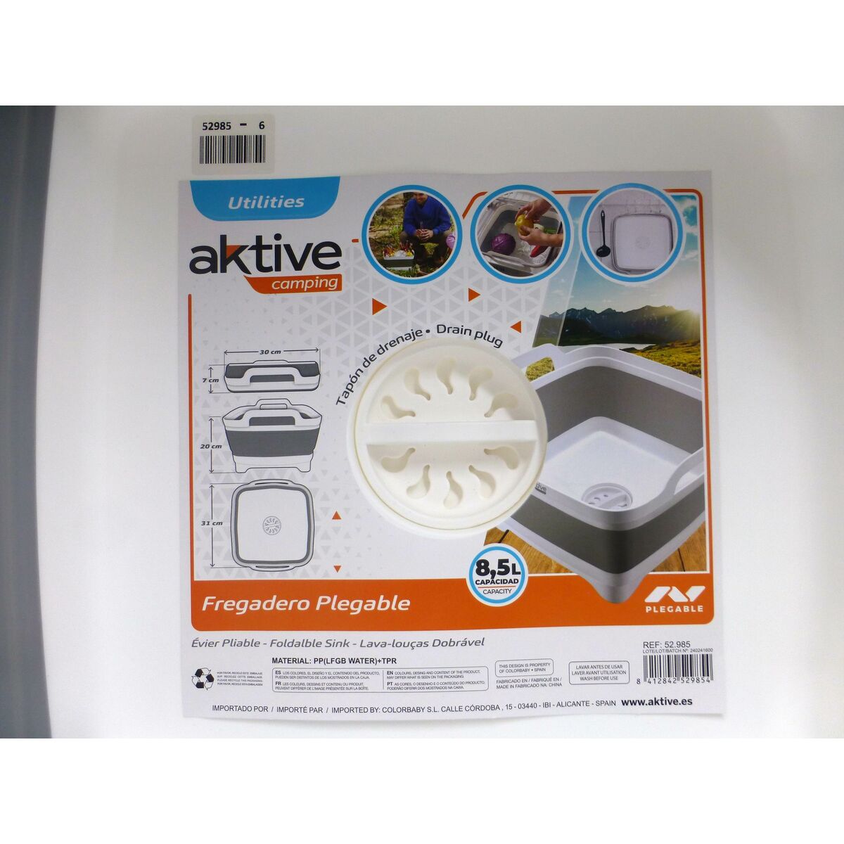Sink Aktive Foldable 8,5 L Camping 30,5 x 20 x 30 cm 6 Units