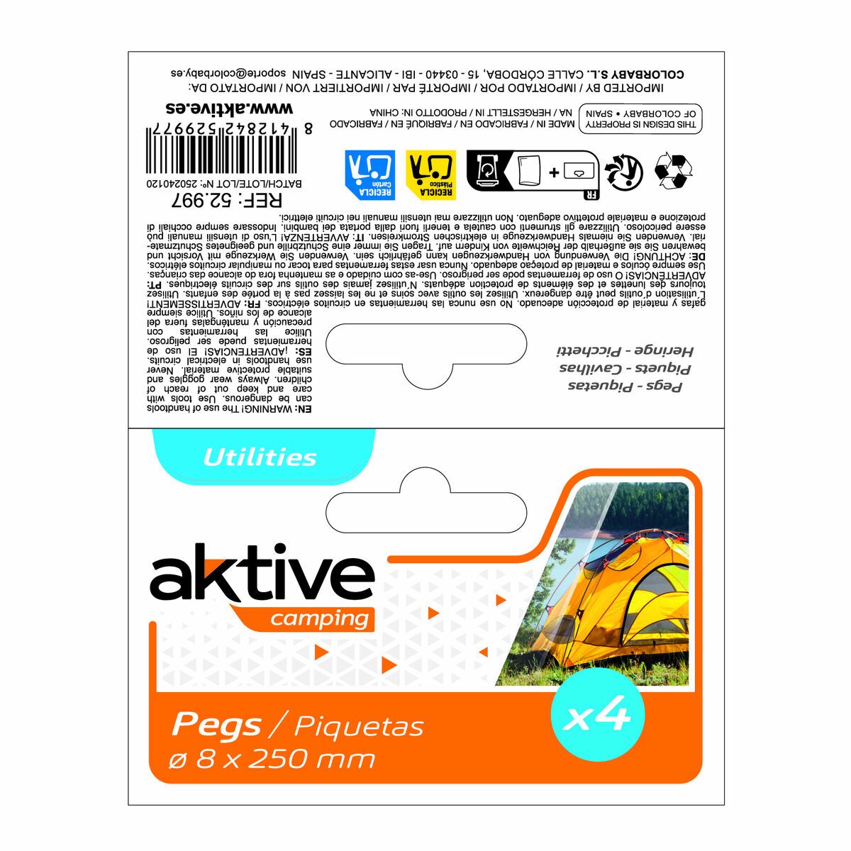 Camping peg Aktive 25 cm 4 Pieces Ø 8 mm (24 Units)