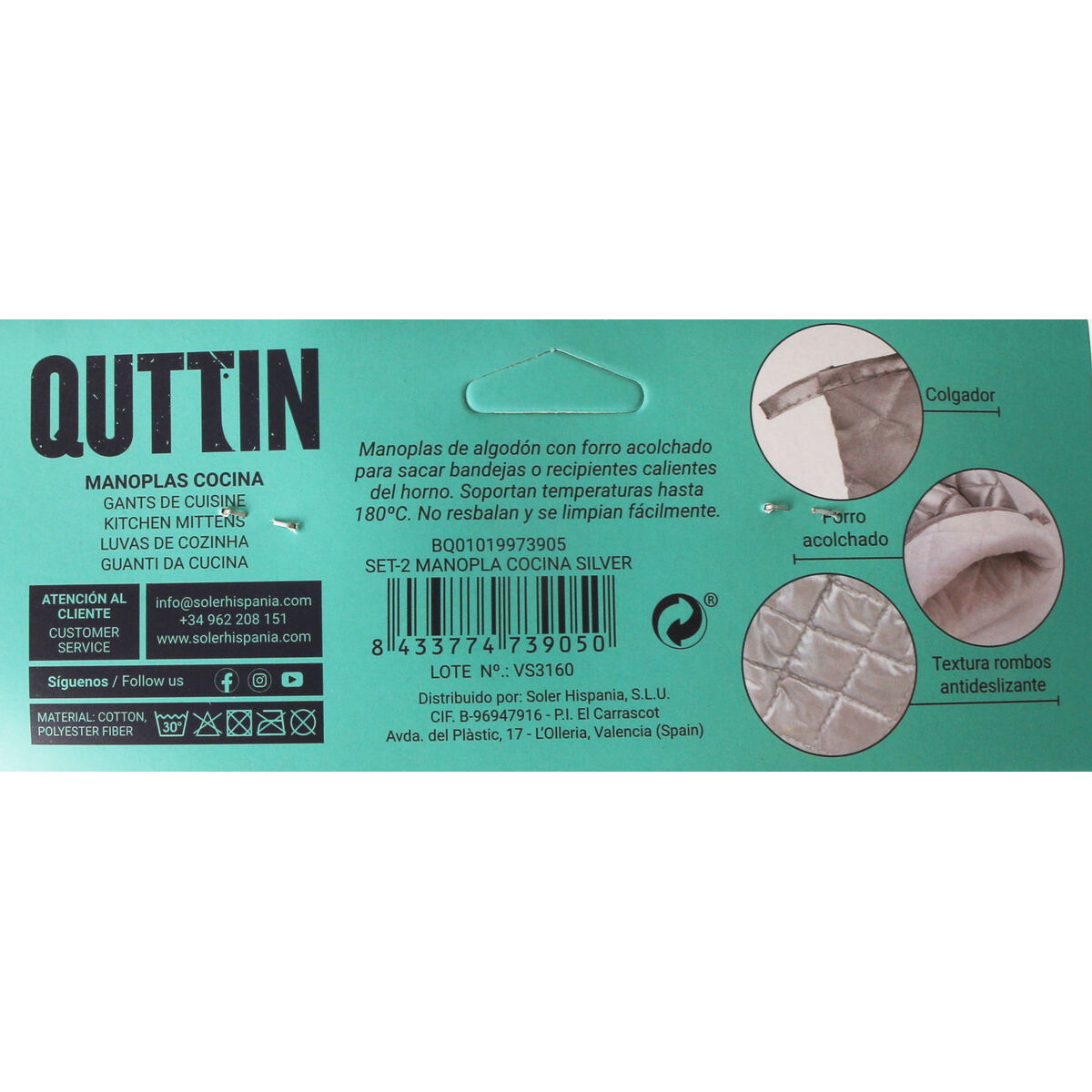 Oven Mitt Quttin Silver 25 x 16 x 24 cm Set 2 Pieces (24 Units)