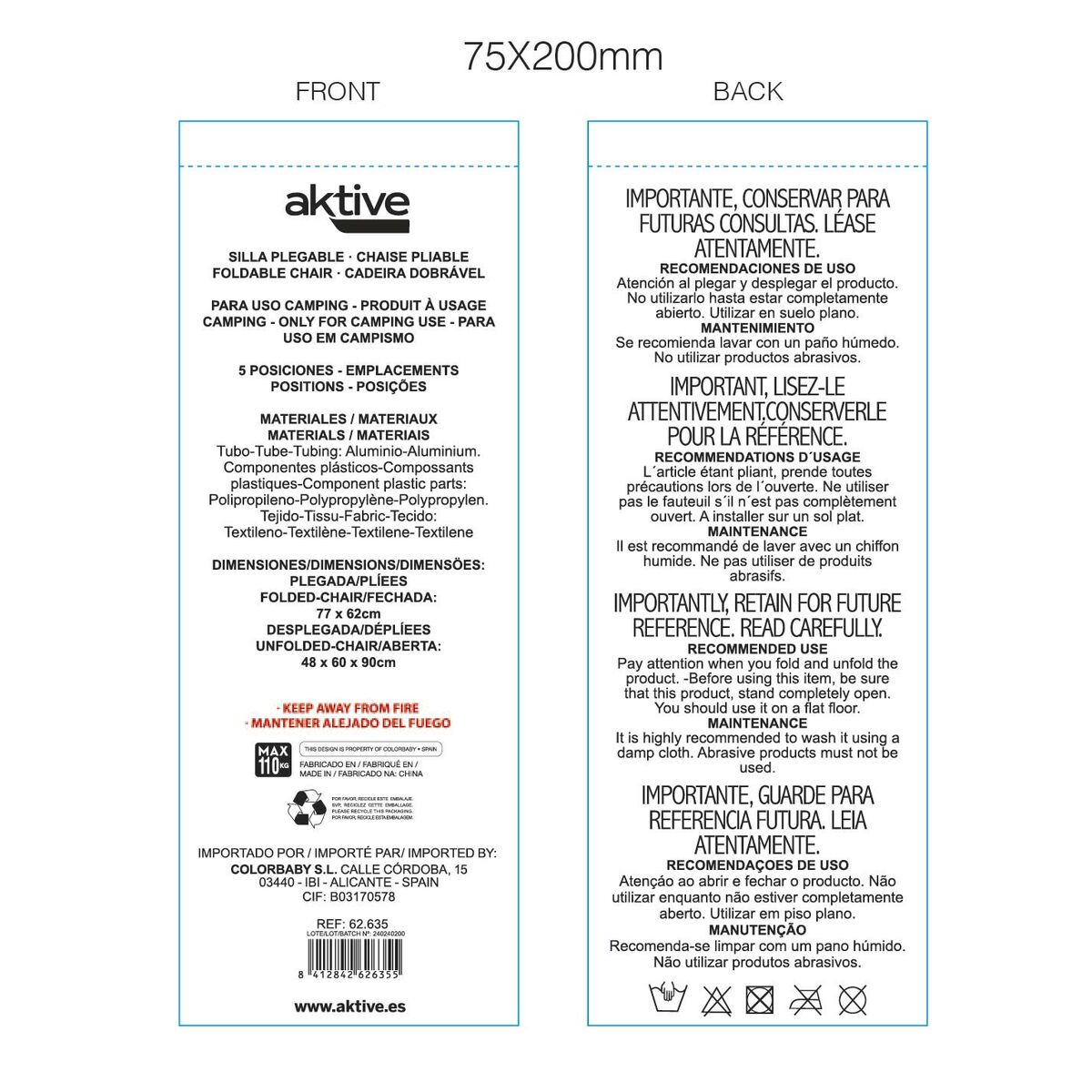 Beach Chair Aktive Foldable Blue 48 x 90 x 60 cm (2 Units)