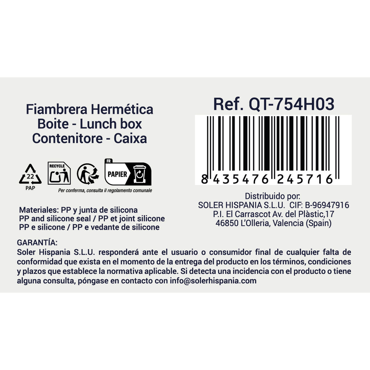 Hermetic Lunch Box Quttin 1,6 L Rectangular 15 x 10 x 18 cm (12 Units)