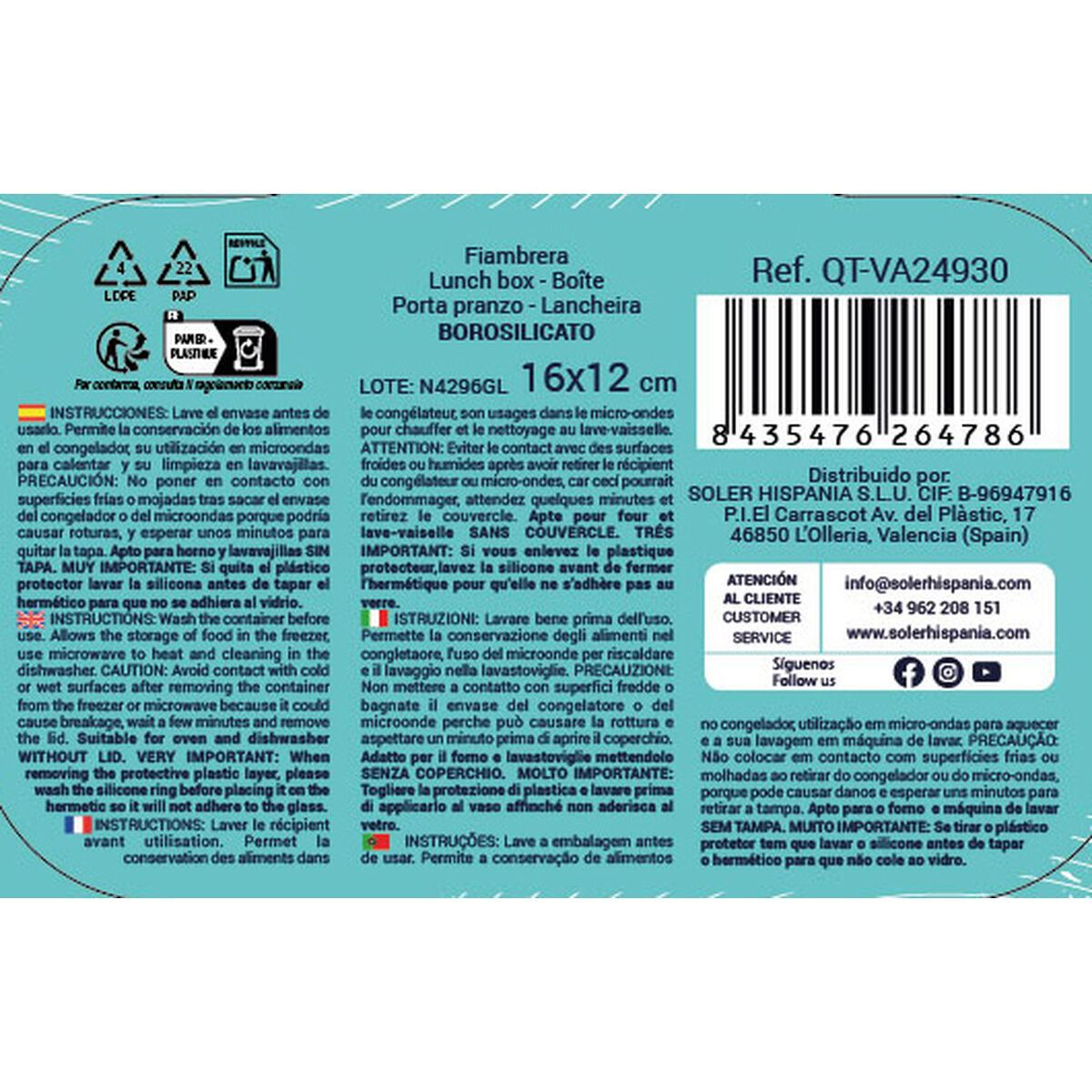 Hermetic Lunch Box Quttin Rectangular 375 ml (12 Units)