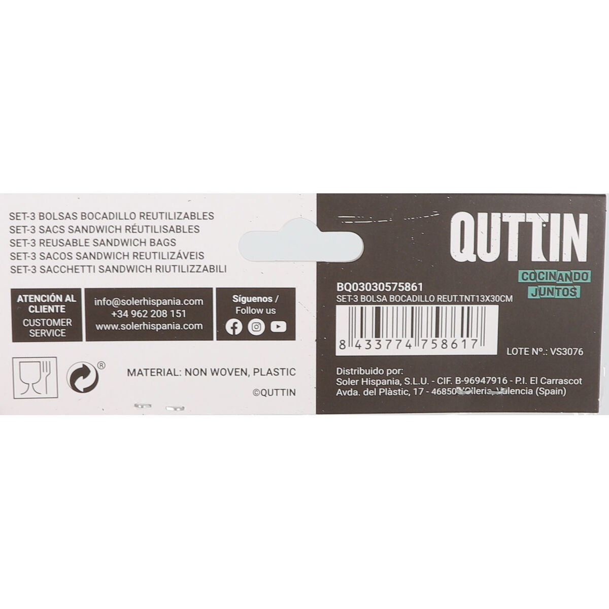 Reusable Food Bag Set Quttin Sandwich Box TNT (Non Woven) 3 Pieces 13 x 30 cm (36 Units)