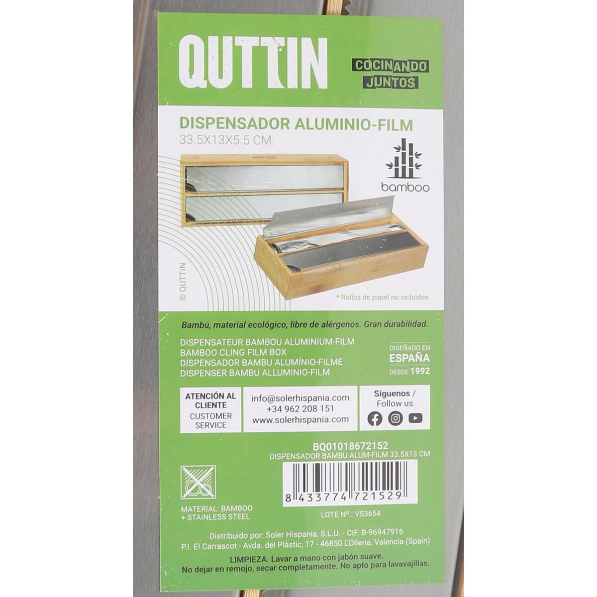 Kitchen Paper Holder Quttin Bamboo Aluminium 33,5 x 13 x 5,5 cm (12 Units)