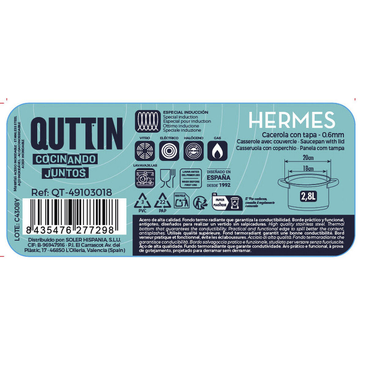 Pot with Glass Lid Quttin Hermes Steel 2,8 L (6 Units)