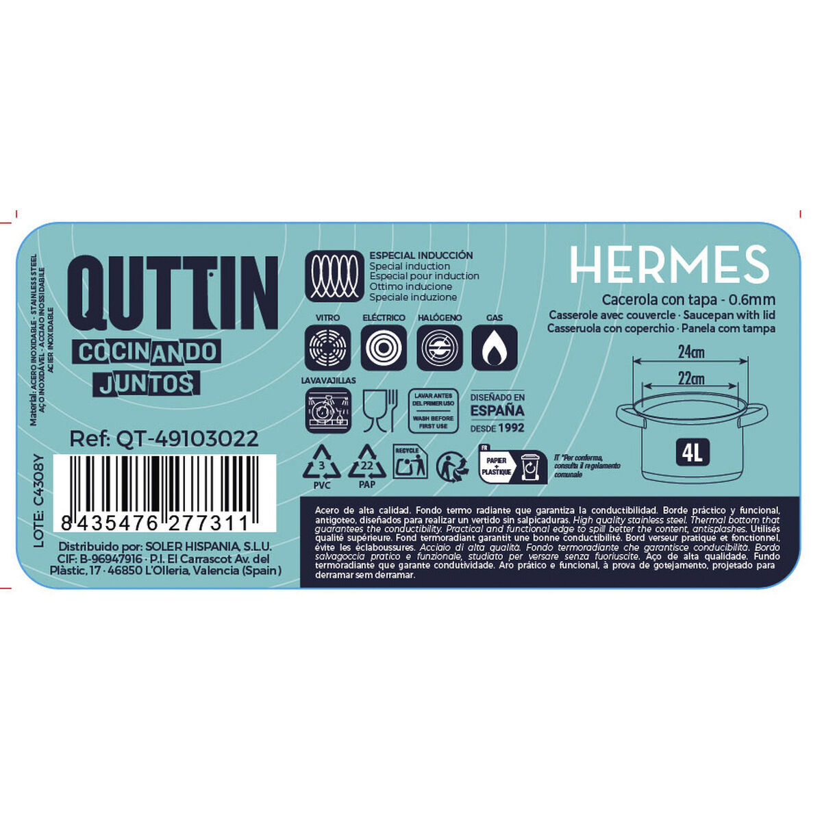 Pot with Glass Lid Quttin Hermes Steel 4 L (4 Units)
