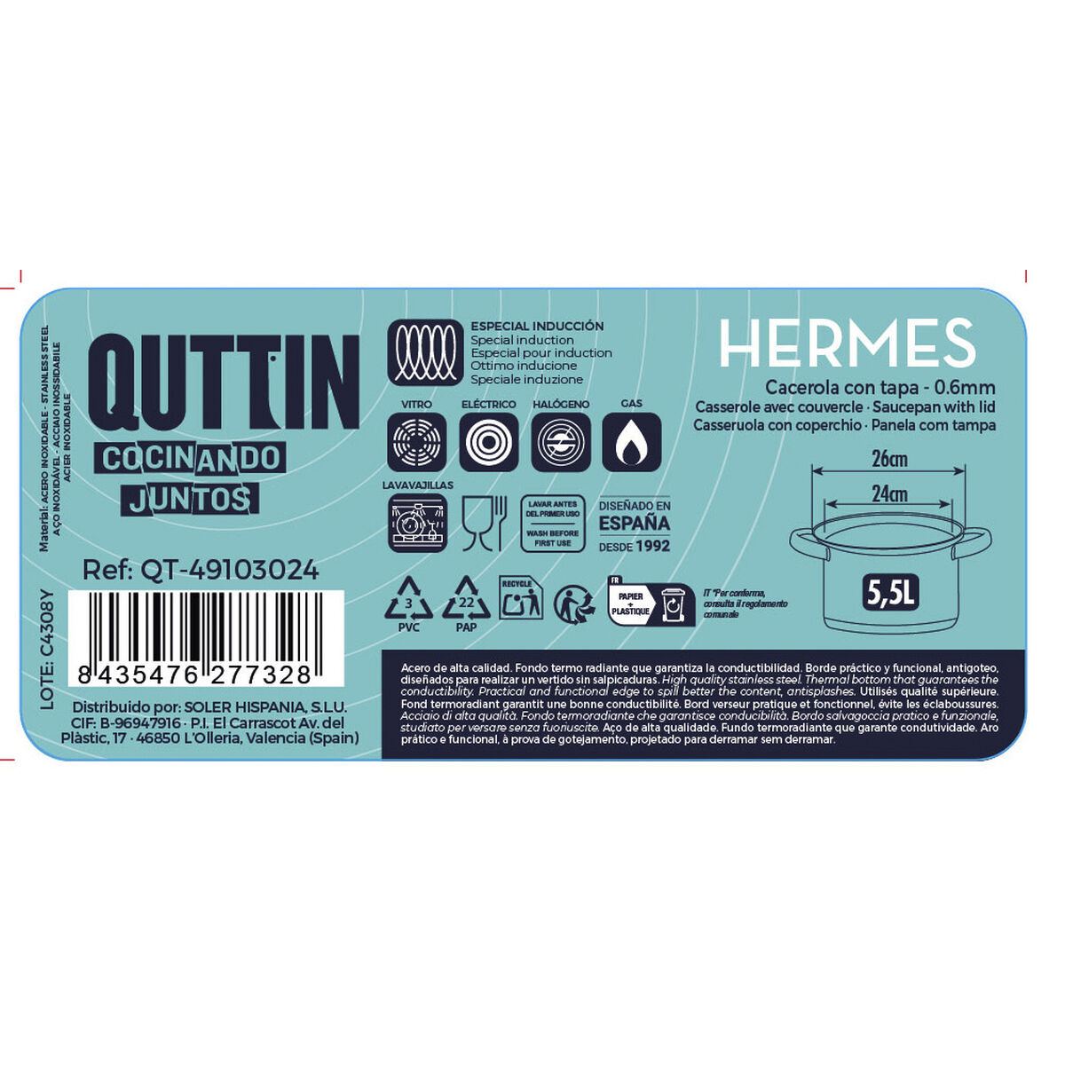 Pot with Glass Lid Quttin Hermes Steel 5,5 L (4 Units)