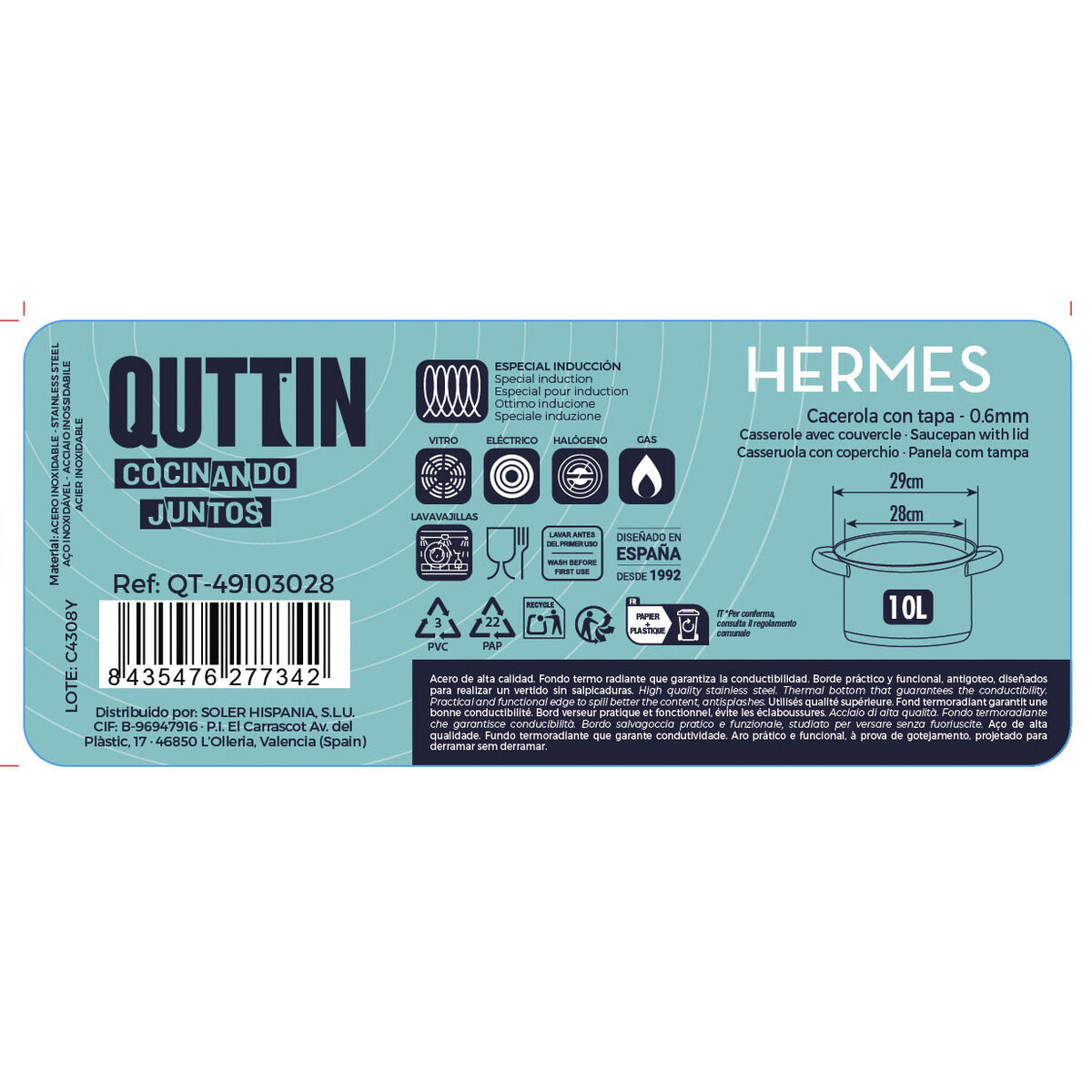 Pot with Glass Lid Quttin Hermes Steel 10 L (4 Units)