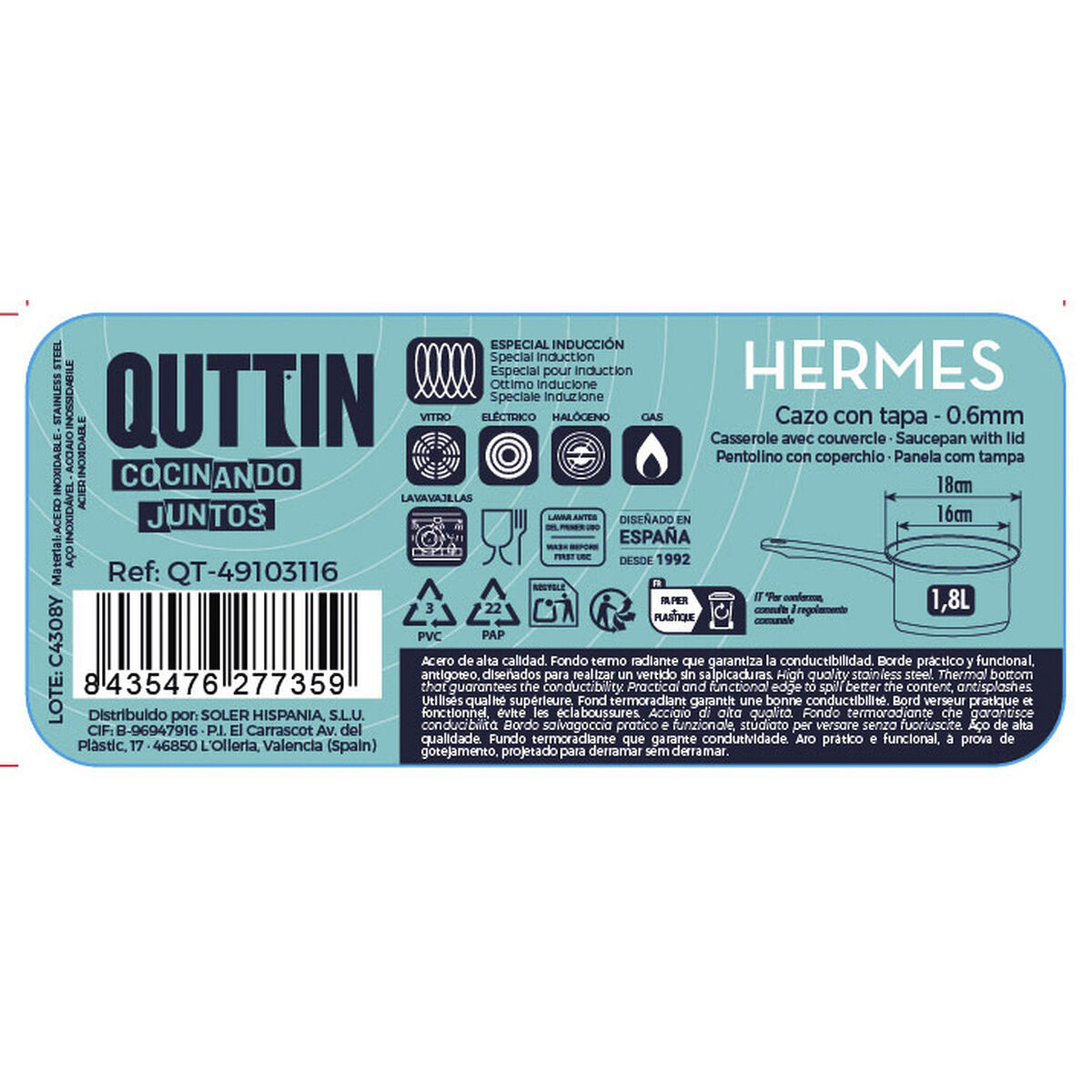 Saucepan with Lid Quttin Hermes 1,8 L Steel (8 Units)