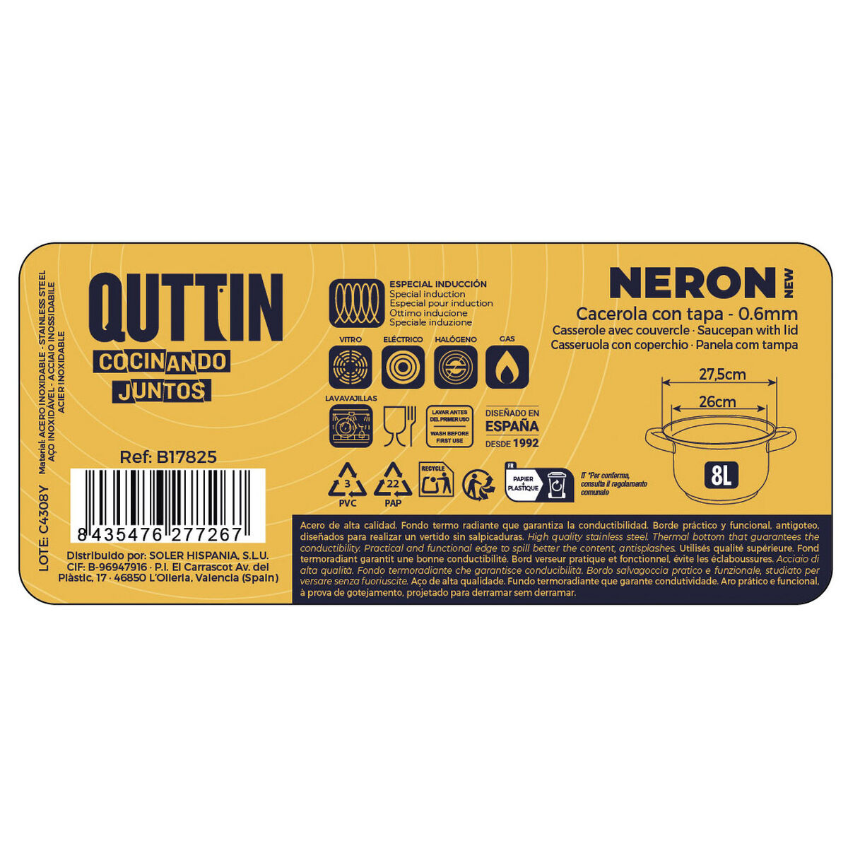 Pot with Glass Lid Quttin New neron Steel 8 L (4 Units)