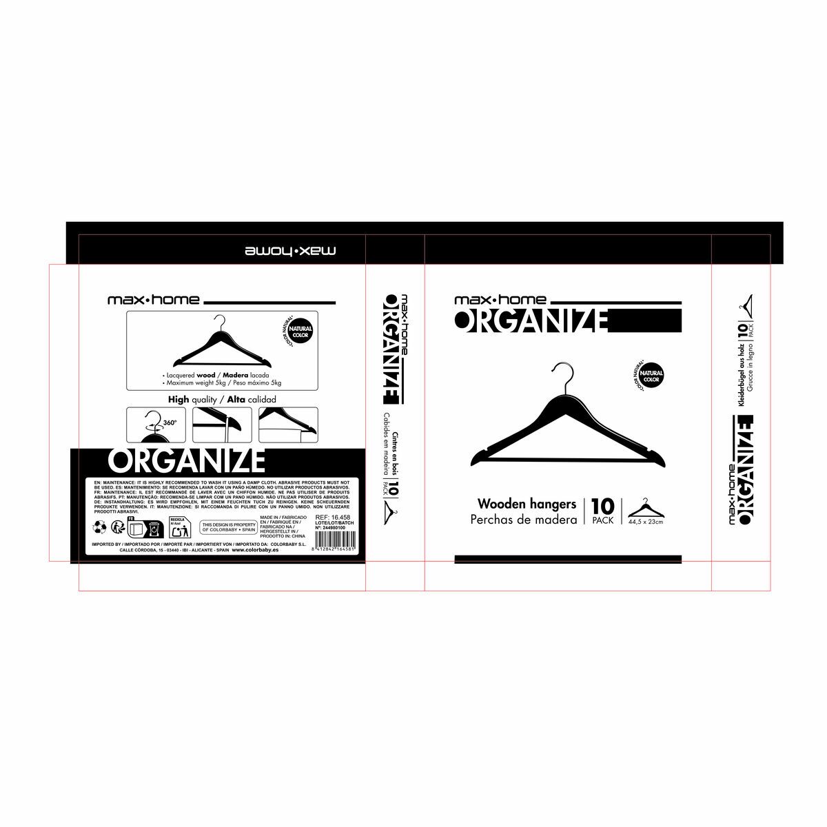 Set of Clothes Hangers Max Home Natural Wood Steel 44,5 x 23 x 1 cm 10 Pieces (6 Units)