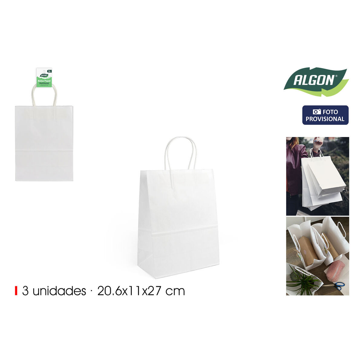 Paper Bag Algon White 20,6 x 11 x 27 cm 3 Pieces (24 Units)