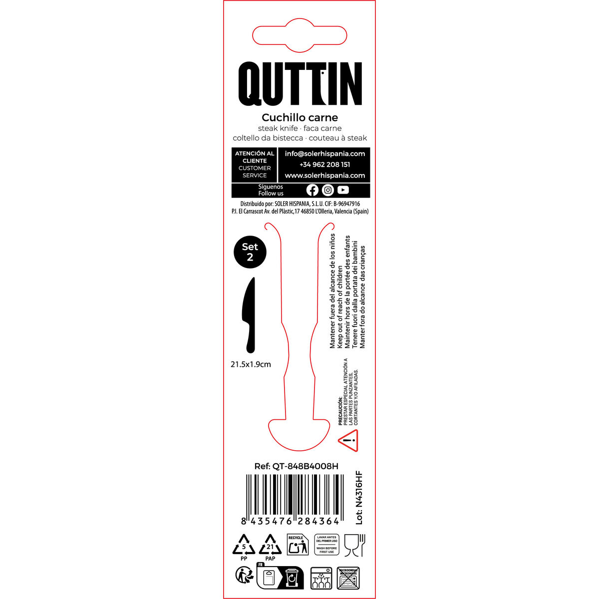 Meat Knife Set Quttin Classic Silver Stainless steel 21,5 x 1,9 cm 2 Pieces (12 Units)