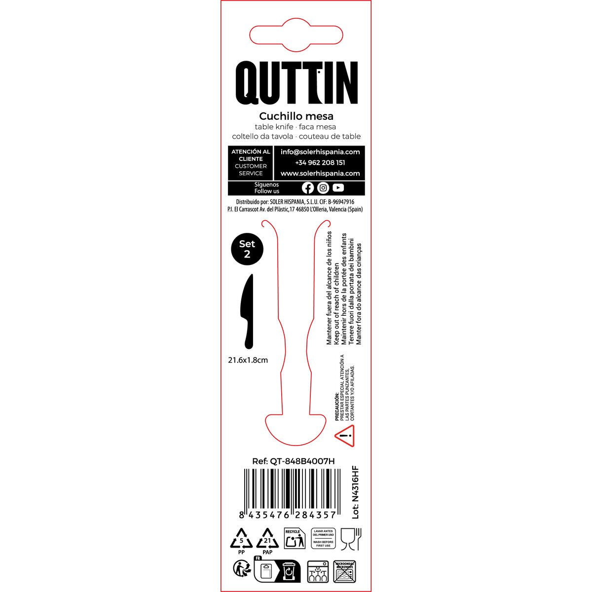 Knife Set Quttin Classic Silver Stainless steel 21,6 x 1,8 cm 2 Pieces (12 Units)