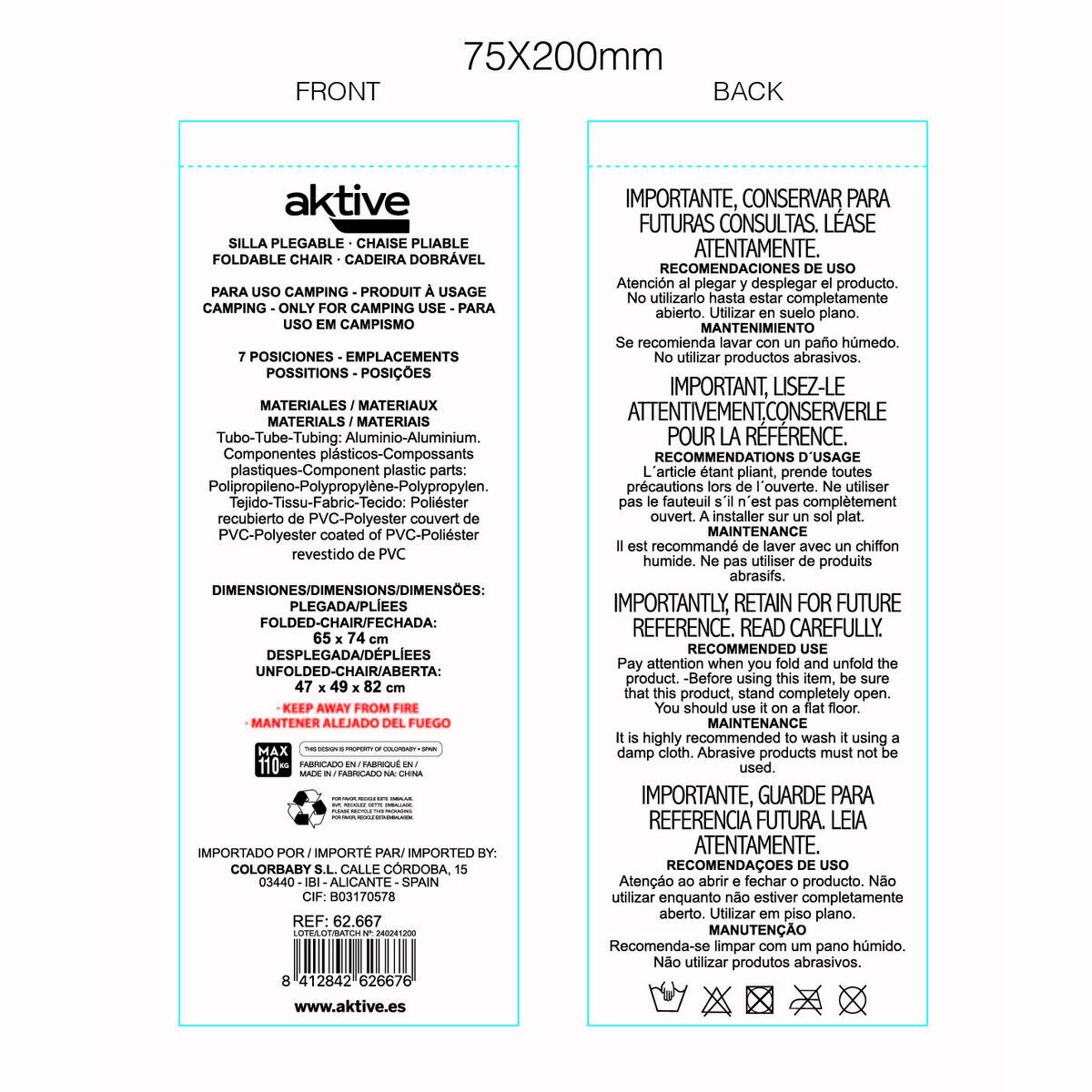 Beach Chair Aktive 47 x 82 x 49 cm (2 Units)