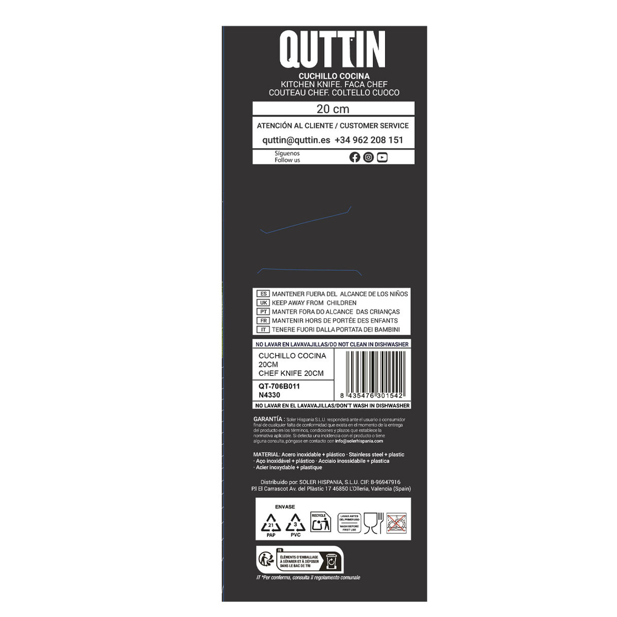 Kitchen Knife Quttin Laos Black Silver 20 cm (24 Units)