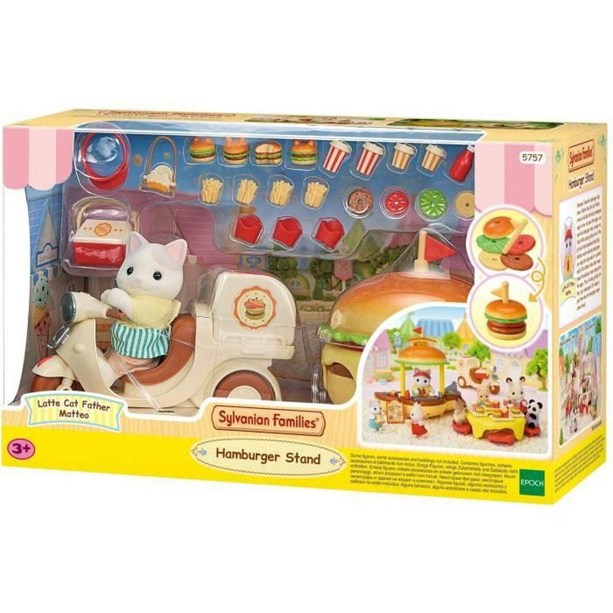 Dolls House Accessories Sylvanian Families Puesto de hamburguesas – Papa Latte Cat y Scooter 30 Pieces