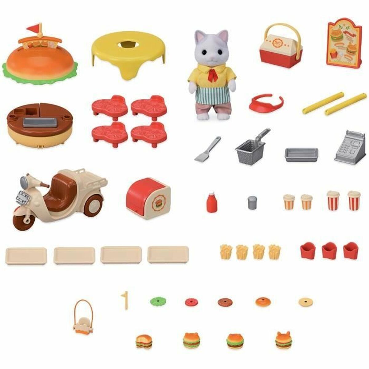 Dolls House Accessories Sylvanian Families Puesto de hamburguesas – Papa Latte Cat y Scooter 30 Pieces