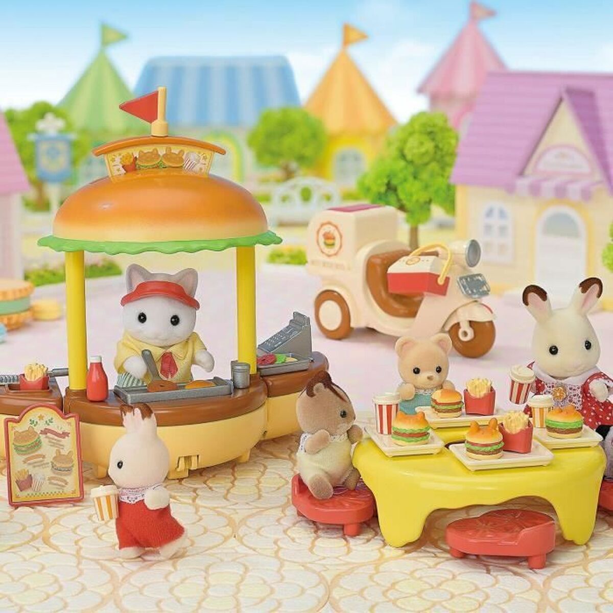 Dolls House Accessories Sylvanian Families Puesto de hamburguesas – Papa Latte Cat y Scooter 30 Pieces