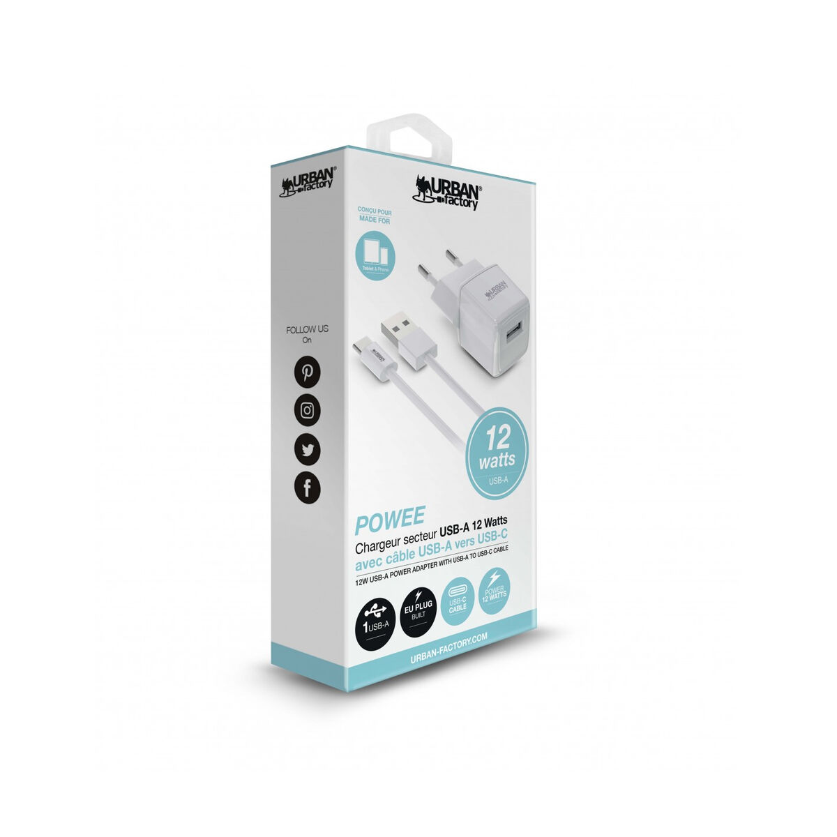 Wall Charger + USB-C Cable Urban Factory PSC25UF White 12 W Wall Charger + USB-C Cable Urban Factory PSC25UF White 12 W