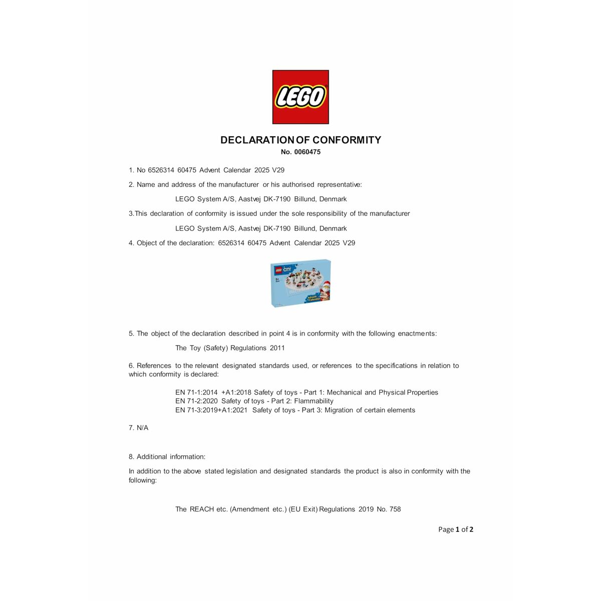 Construction set Lego 60475 Advent Calender 2025 City 186 Pieces