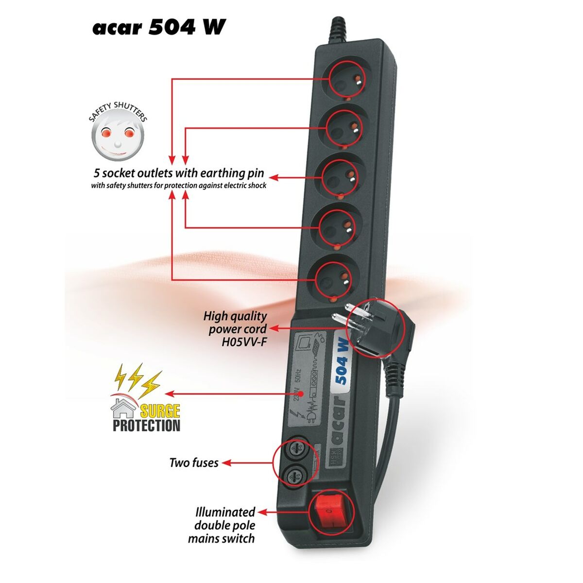 Power Socket – 5 sockets with Switch Acar W0073 (3 m)