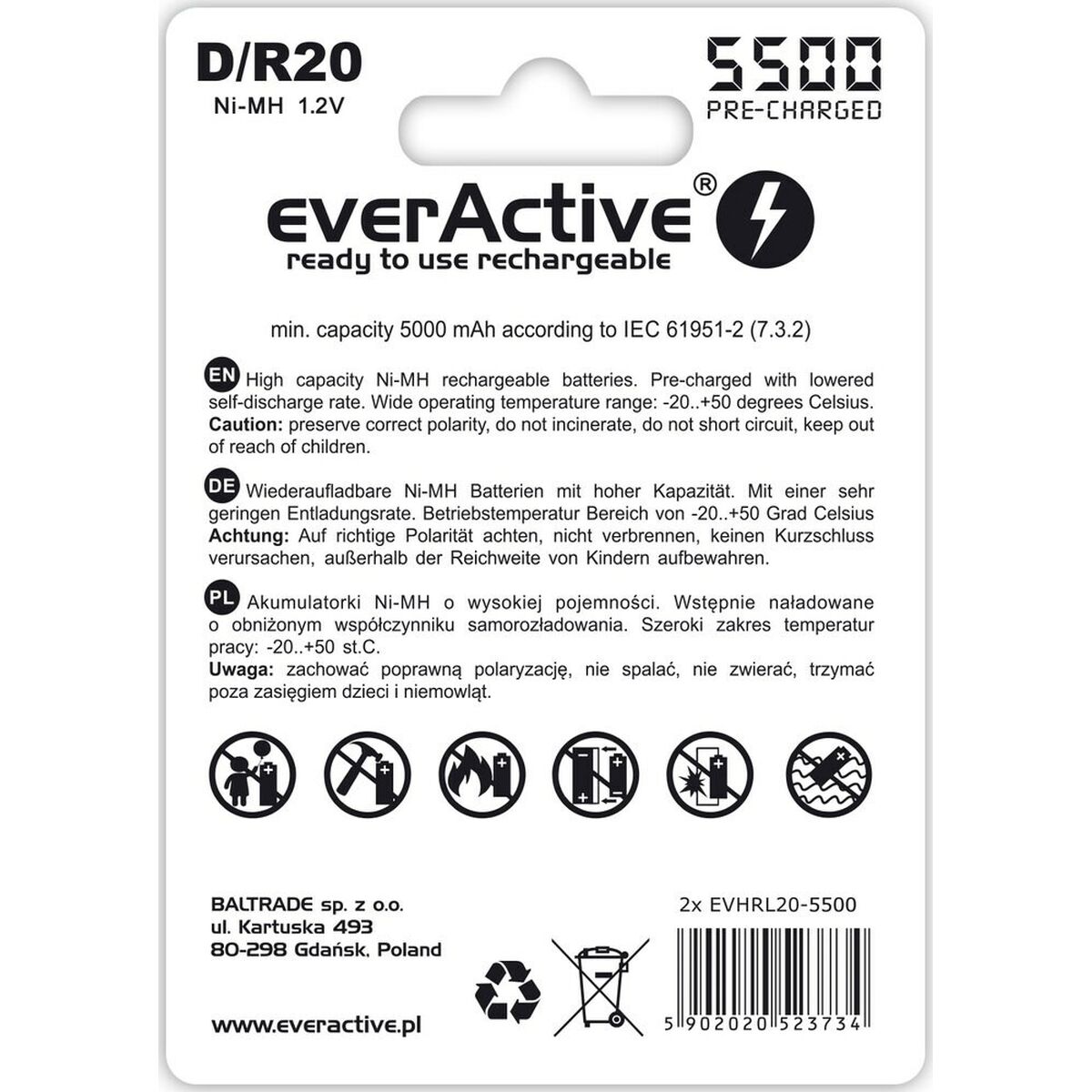 Rechargeable battery EverActive EVHRL20-5500 5000 mAh 1,2 V (2 Units)