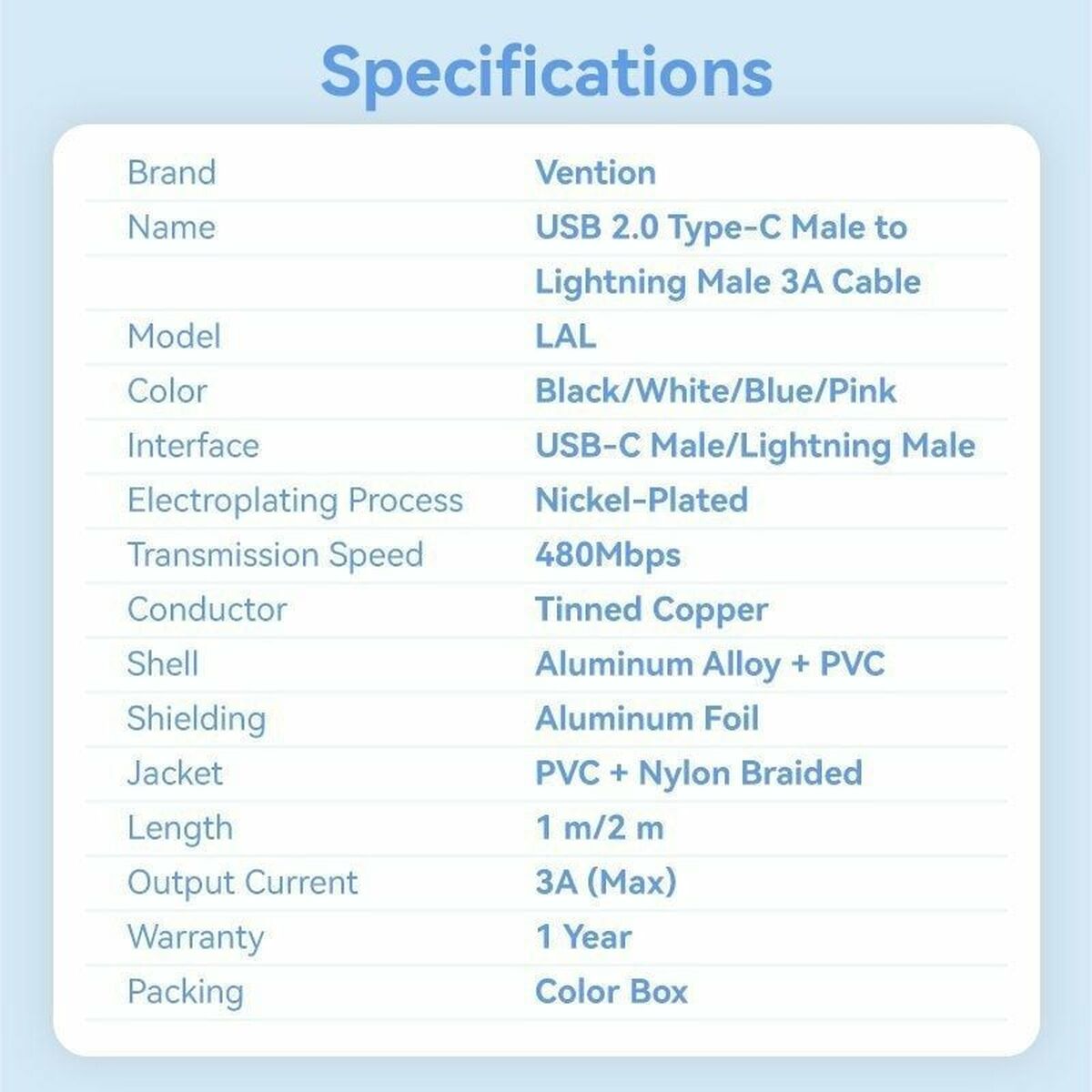 USB to Lightning Cable Vention LALBF 1 m