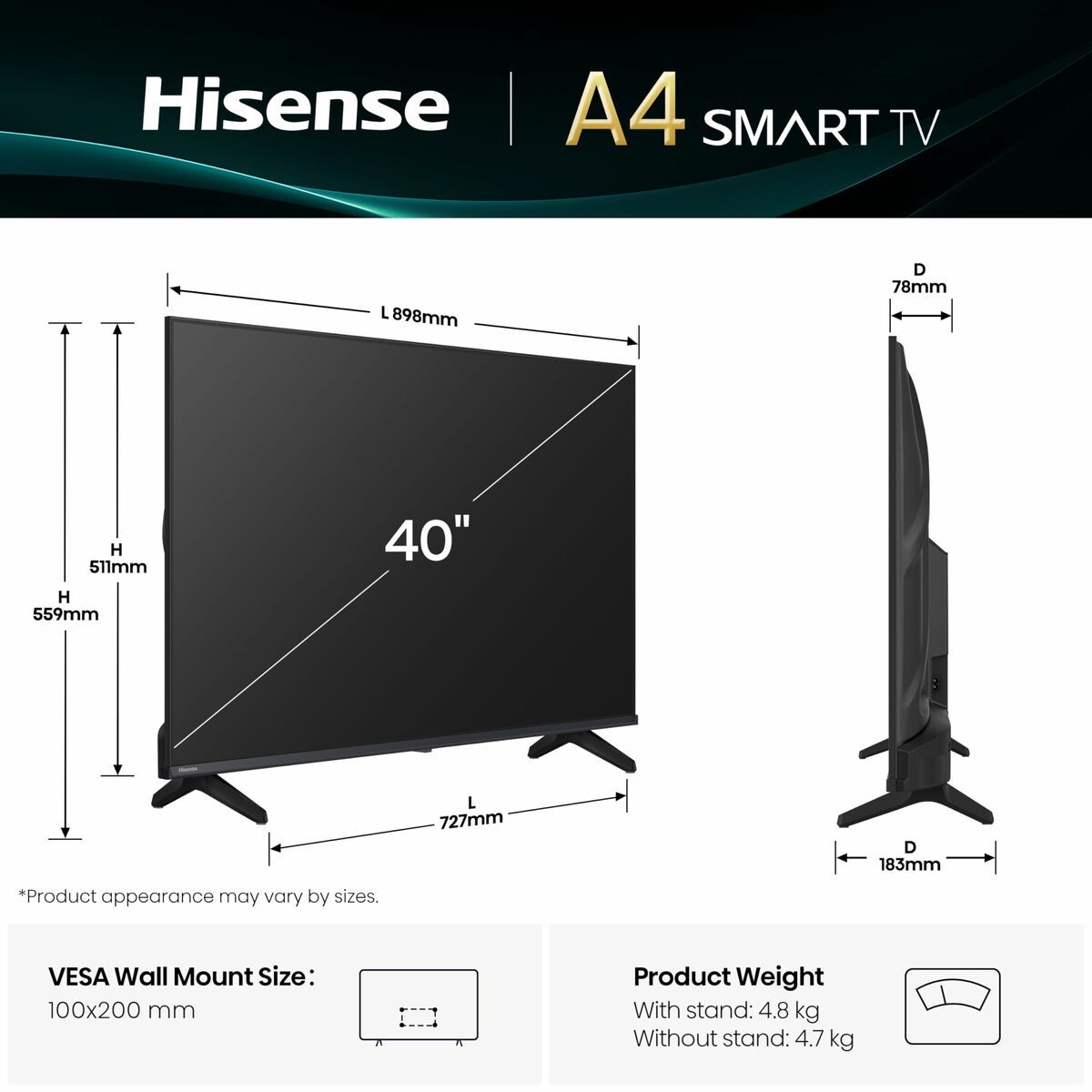 Smart TV Hisense 40A4Q        40 Full HD DLED 40″