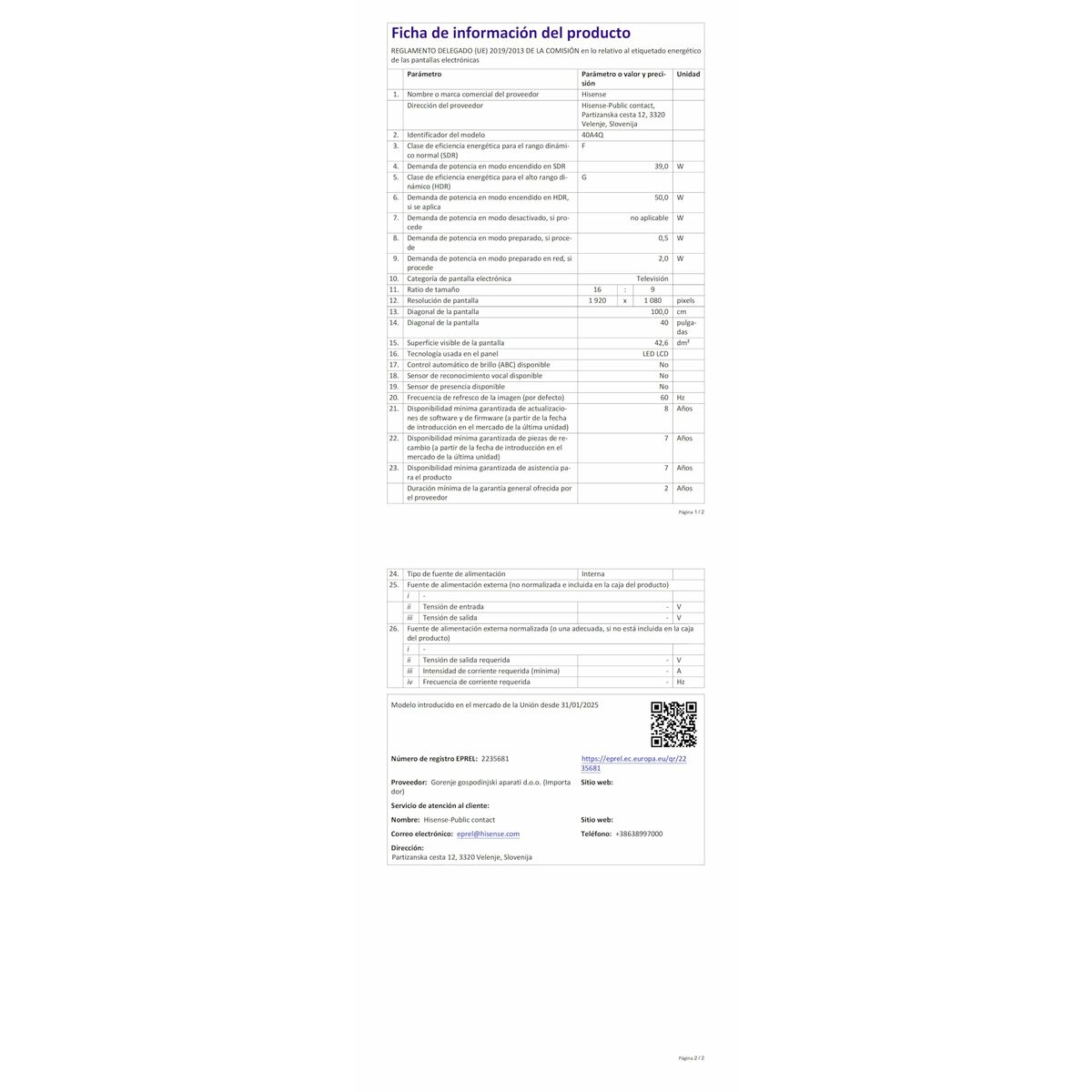 Smart TV Hisense 40A4Q        40 Full HD DLED 40″