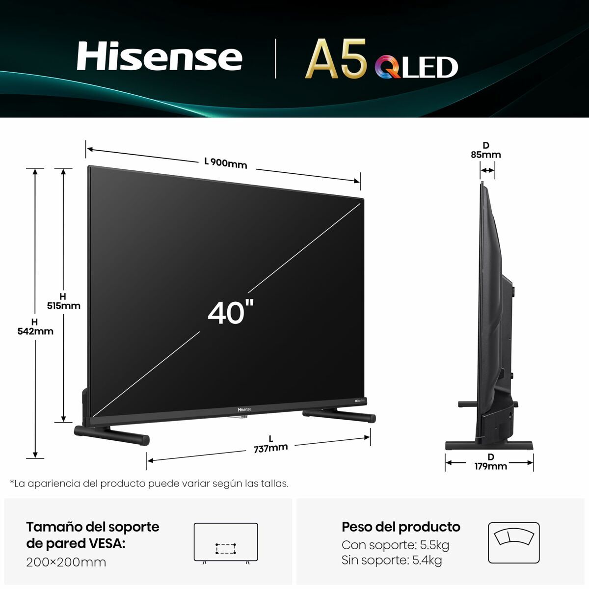 Smart TV Hisense 40A5Q 40″ Full HD HDR HDR10 QLED