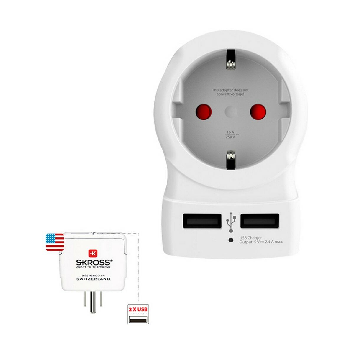Current Adaptor Skross 1500281 USB x 2 European United States Current Adaptor Skross 1500281 USB x 2 European United States