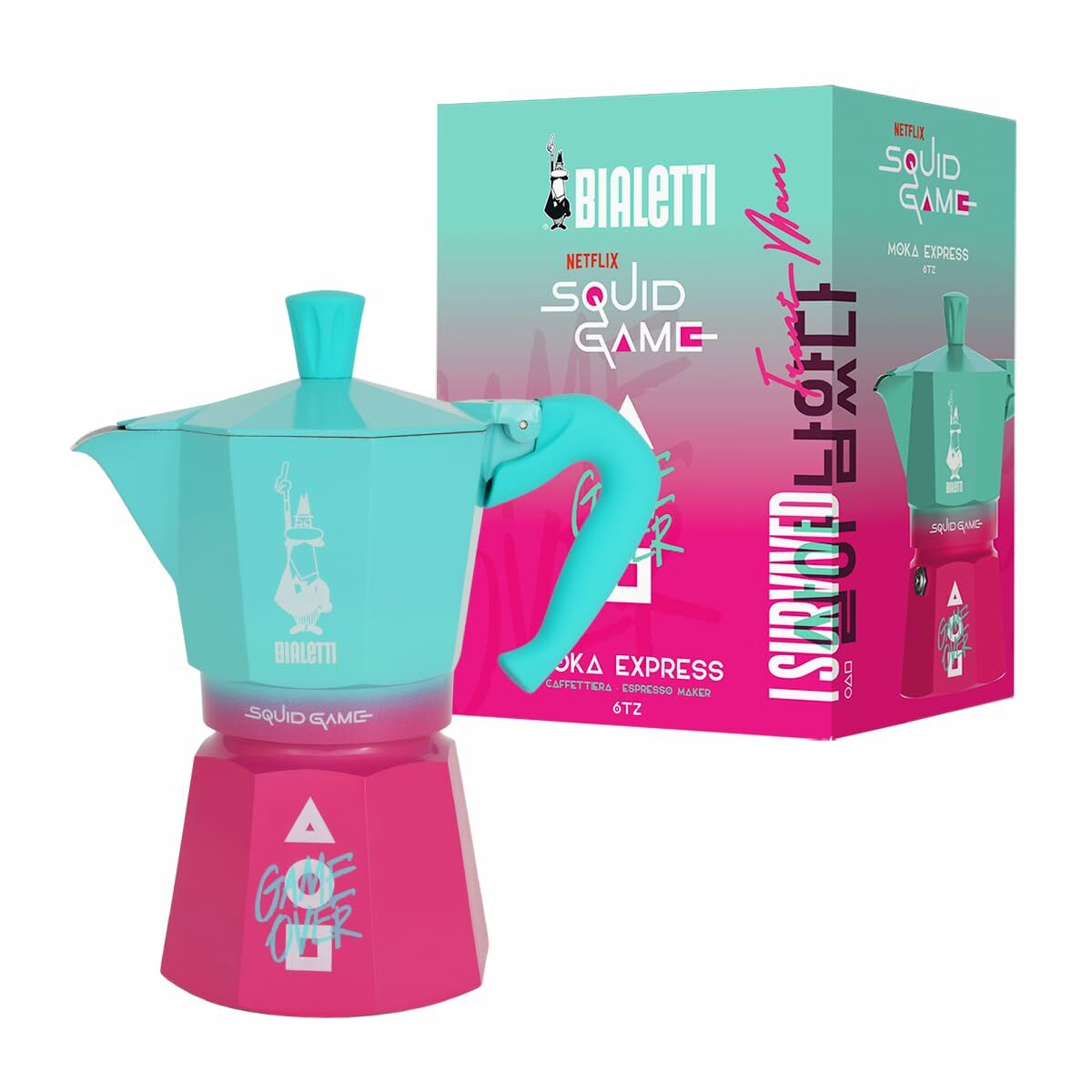 Italian Coffee Pot Bialetti Blue Pink Aluminium Thermoplastic 6 Cups