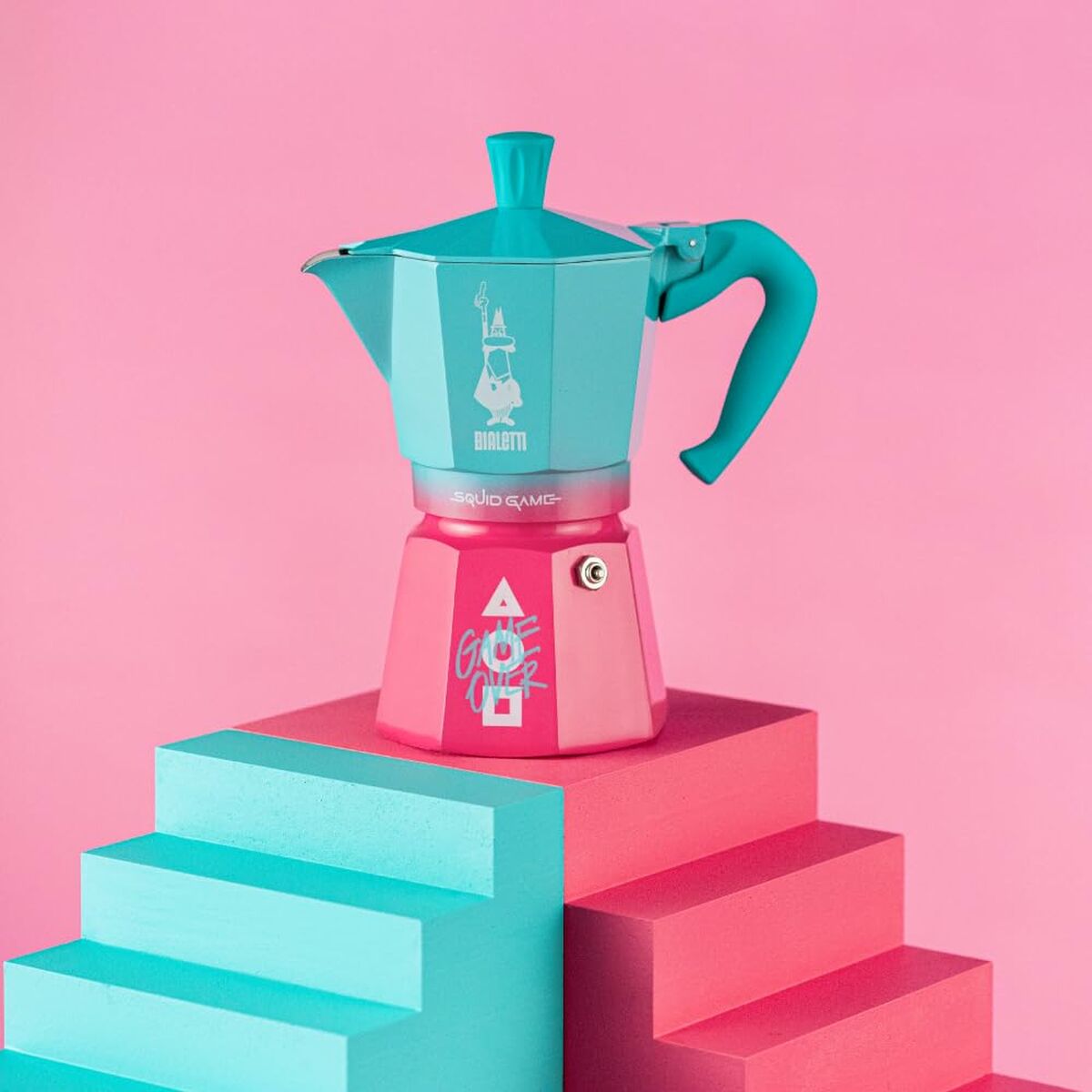 Italian Coffee Pot Bialetti Blue Pink Aluminium Thermoplastic 6 Cups