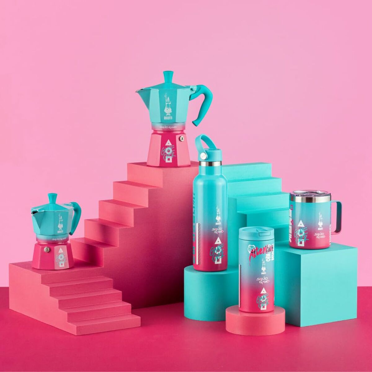 Italian Coffee Pot Bialetti Blue Pink Aluminium Thermoplastic 6 Cups
