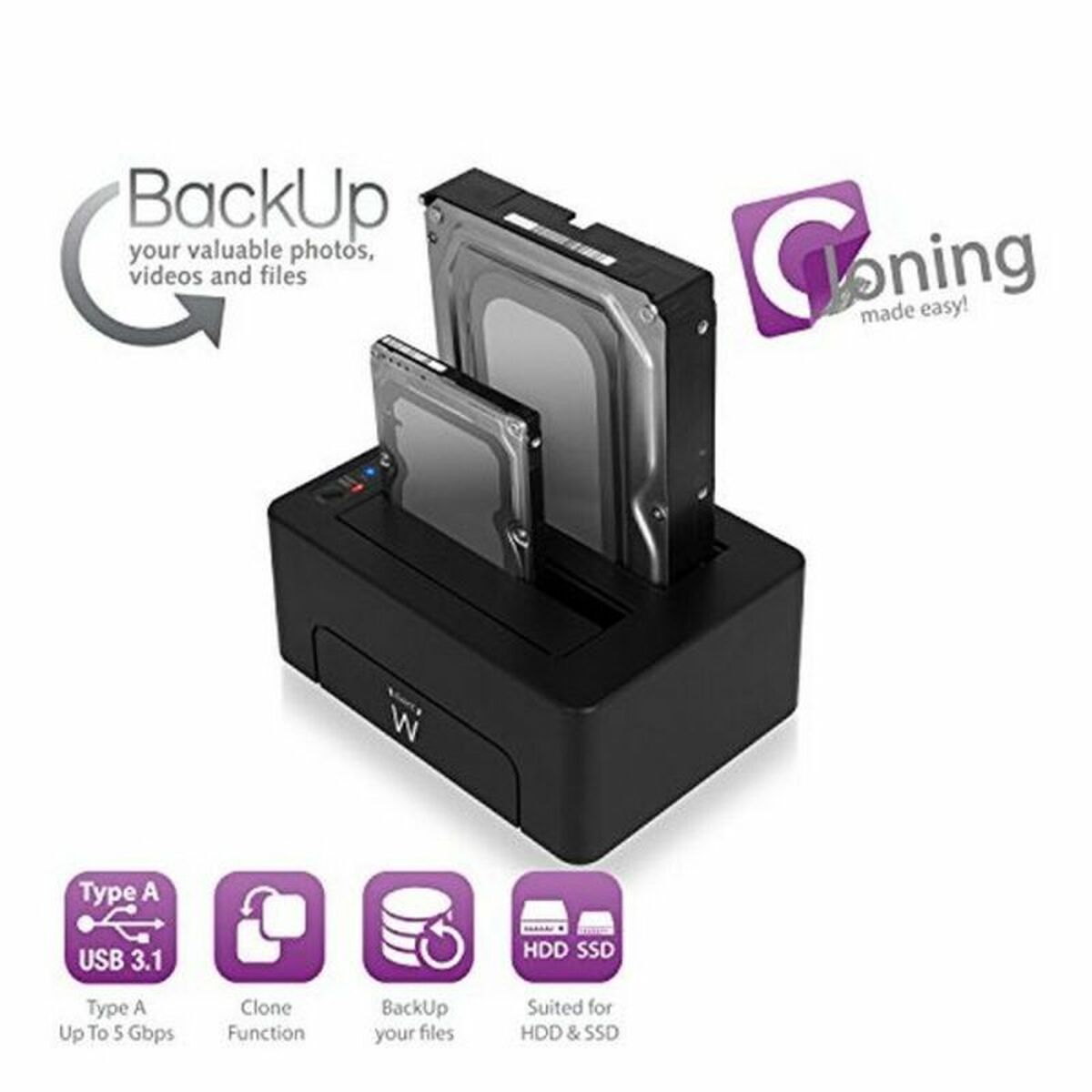 Dual Dock Station Ewent AAACET0186 Dual 2.5″-3.5″ USB 3.1 ABS Black